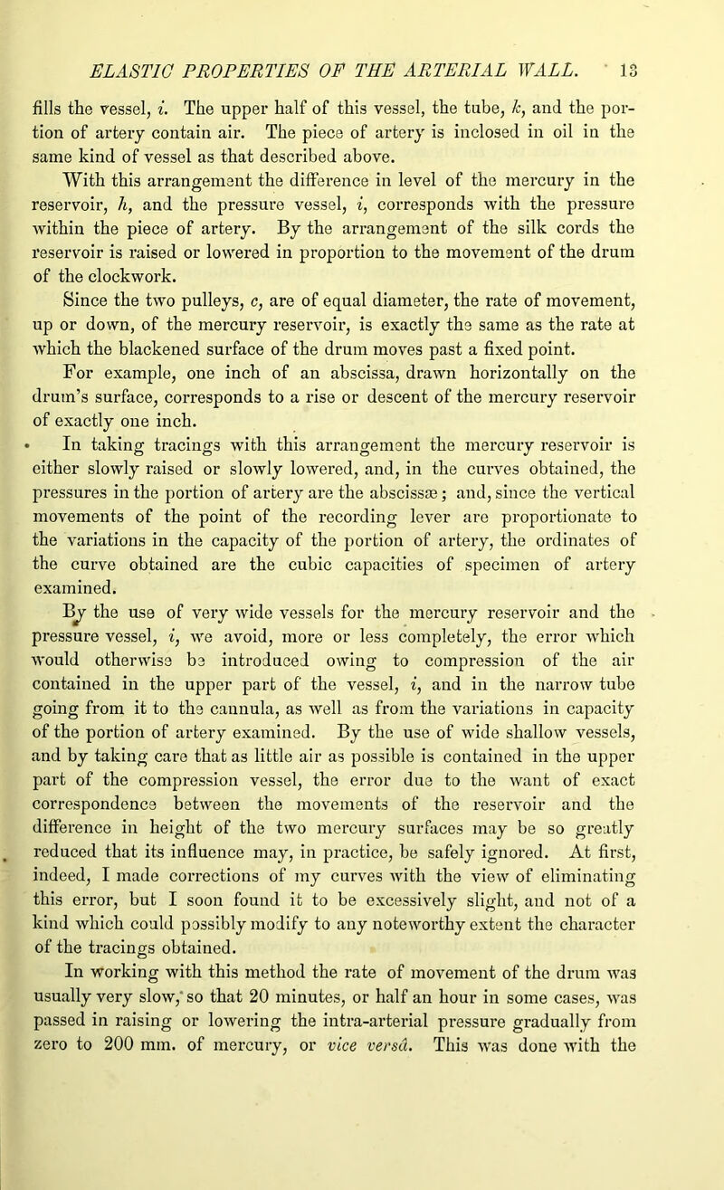 fills the vessel, i. The upper half of this vessel, the tube, k, and the por- tion of artery contain air. The piece of artery is inclosed in oil in the same kind of vessel as that described above. With this arrangement the difference in level of the mercury in the reservoir, h, and the pressure vessel, i, corresponds with the pressure within the piece of artery. By the arrangement of the silk cords the reservoir is raised or lowered in proportion to the movement of the drum of the clockwork. Since the two pulleys, c, are of equal diameter, the rate of movement, up or down, of the mercury reservoir, is exactly the same as the rate at which the blackened surface of the drum moves past a fixed point. For example, one inch of an abscissa, drawn horizontally on the drum’s surface, corresponds to a rise or descent of the mercury reservoir of exactly one inch. • In taking tracings with this arrangement the mercury reservoir is either slowly raised or slowly lowered, and, in the curves obtained, the pressures in the portion of artery are the abscissae; and, since the vertical movements of the point of the recording lever are proportionate to the variations in the capacity of the portion of artery, the ordinates of the curve obtained are the cubic capacities of specimen of artery examined. B^ the use of very wide vessels for the mercury reservoir and the pressure vessel, i, we avoid, more or less completely, the error which would otherwise be introduced owing to compression of the air contained in the upper part of the vessel, i, and in the narrow tube going from it to the cannula, as well as from the variations in capacity of the portion of artery examined. By the use of wide shallow vessels, and by taking care that as little air as possible is contained in the upper part of the compression vessel, the error due to the want of exact correspondence between the movements of the reservoir and the difference in height of the two mercury surfaces may be so greatly reduced that its influence may, in practice, be safely ignored. At first, indeed, I made corrections of my curves with the view of eliminating this error, but I soon found it to be excessively slight, and not of a kind which could possibly modify to any noteworthy extent the character of the tracings obtained. In working with this method the rate of movement of the drum was usually very slow,' so that 20 minutes, or half an hour in some cases, was passed in raising or lowering the intra-arterial pressure gradually from zero to 200 mm. of mercury, or vice versa. This AVas done with the