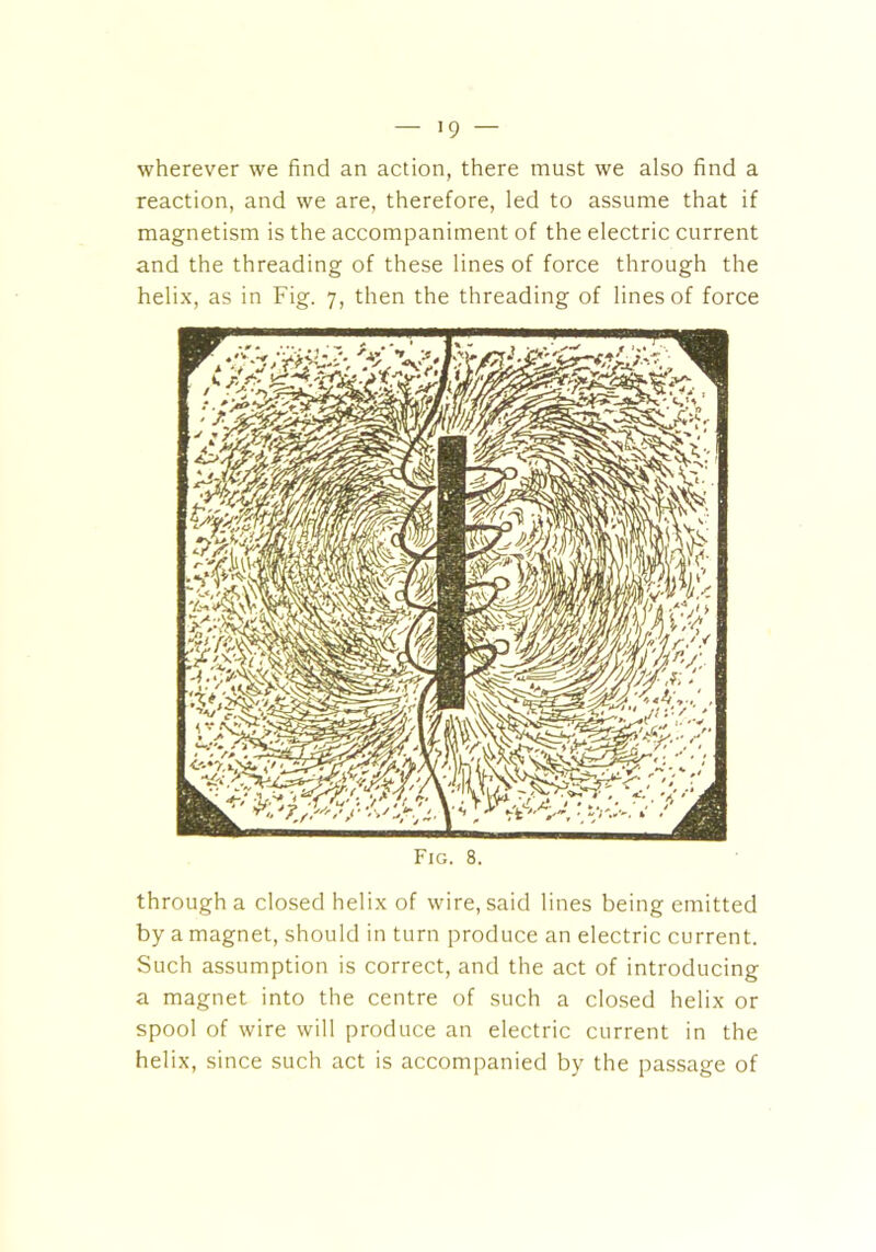 wherever we find an action, there must we also find a reaction, and we are, therefore, led to assume that if magnetism is the accompaniment of the electric current and the threading of these lines of force through the helix, as in Fig. 7, then the threading of lines of force Fig. 8. through a closed helix of wire, said lines being emitted by a magnet, should in turn produce an electric current. Such assumption is correct, and the act of introducing a magnet into the centre of such a closed helix or spool of wire will produce an electric current in the helix, since such act is accompanied by the passage of