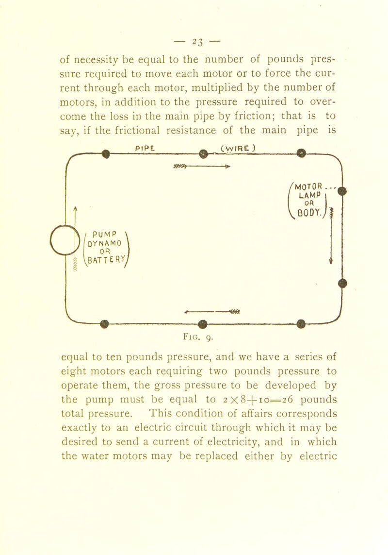 of necessity be equal to the number of pounds pres- sure required to move each motor or to force the cur- rent through each motor, multiplied by the number of motors, in addition to the pressure required to over- come the loss in the main pipe by friction; that is to say, if the frictional resistance of the main pipe is equal to ten pounds pressure, and we have a series of eight motors each requiring two pounds pressure to operate them, the gross pressure to be developed by the pump must be equal to 2 X $-[-10=26 pounds total pressure. This condition of affairs corresponds exactly to an electric circuit through which it may be desired to send a current of electricity, and in which the water motors may be replaced either by electric