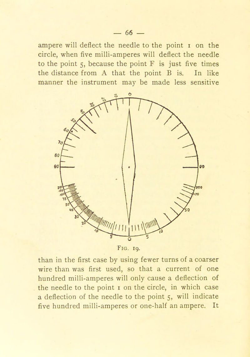ampere will deflect the needle to the point i on the circle, when five milli-amperes will deflect the needle to the point 5, because the point F is just five times the distance from A that the point B is. In like manner the instrument may be made less sensitive than in the first case by using fewer turns of a coarser wire than was first used, so that a current of one hundred milli-amperes will only cause a deflection of the needle to the point 1 on the circle, in which case a deflection of the needle to the point 5, will indicate five hundred milli-amperes or one-half an ampere. It