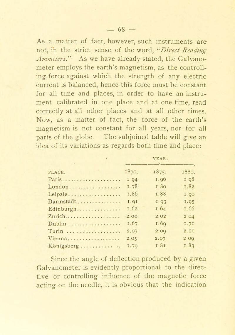 As a matter of fact, however, such instruments are not, in the strict sense of the word, “Direct Reading Ammeters.” As we have already stated, the Galvano- meter employs the earth’s magnetism, as the controll- ing force against which the strength of any electric current is balanced, hence this force must be constant for all time and places, in order to have an instru- ment calibrated in one place and at one time, read correctly at all other places and at all other times. Now, as a matter of fact, the force of the earth’s magnetism is not constant for all years, nor for all parts of the globe. The subjoined table will give an idea of its variations as regards both time and place: YEAR. PLACE. 1870. i875- 1880. Paris 1.96 1 98 London 178 1.80 1.82 Leipzig 1.86 1.88 I 90 Darmstadt i-9i 1 93 r-95 Edinburgh 1 64 1.66 Zurich 2 02 2 04 Dublin 1.69 i-7i Turin 2.07 2 09 2.11 Vienna 2.07 2 09 Konigsberg i-79 1 81 1.83 Since the angle of deflection produced by a given Galvanometer is evidently proportional to the direc- tive or controlling influence of the magnetic force acting on the needle, it is obvious that the indication