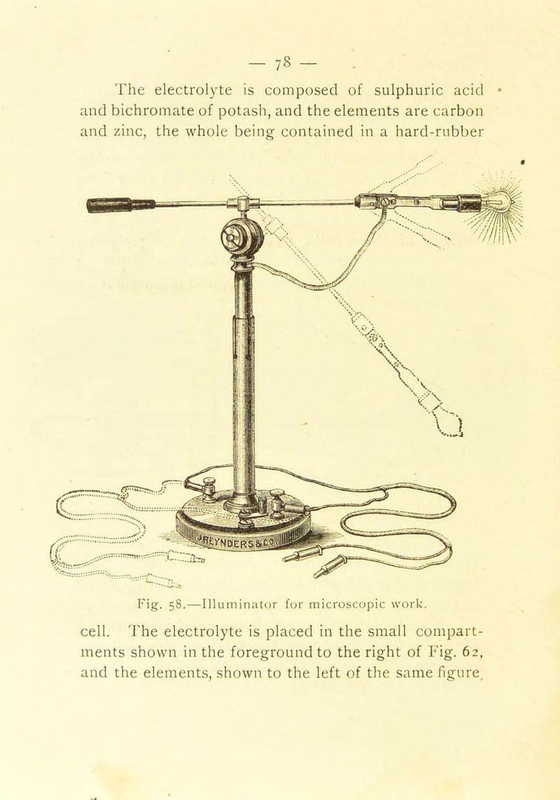 The electrolyte is composed of sulphuric acid * and bichromate of potash, and the elements are carbon and zinc, the whole being contained in a hard-rubber Fig. 58.—Illuminator for microscopic work. cell. The electrolyte is placed in the small compart- ments shown in the foreground to the right of Fig. 62, and the elements, shown to the left of the same figure.