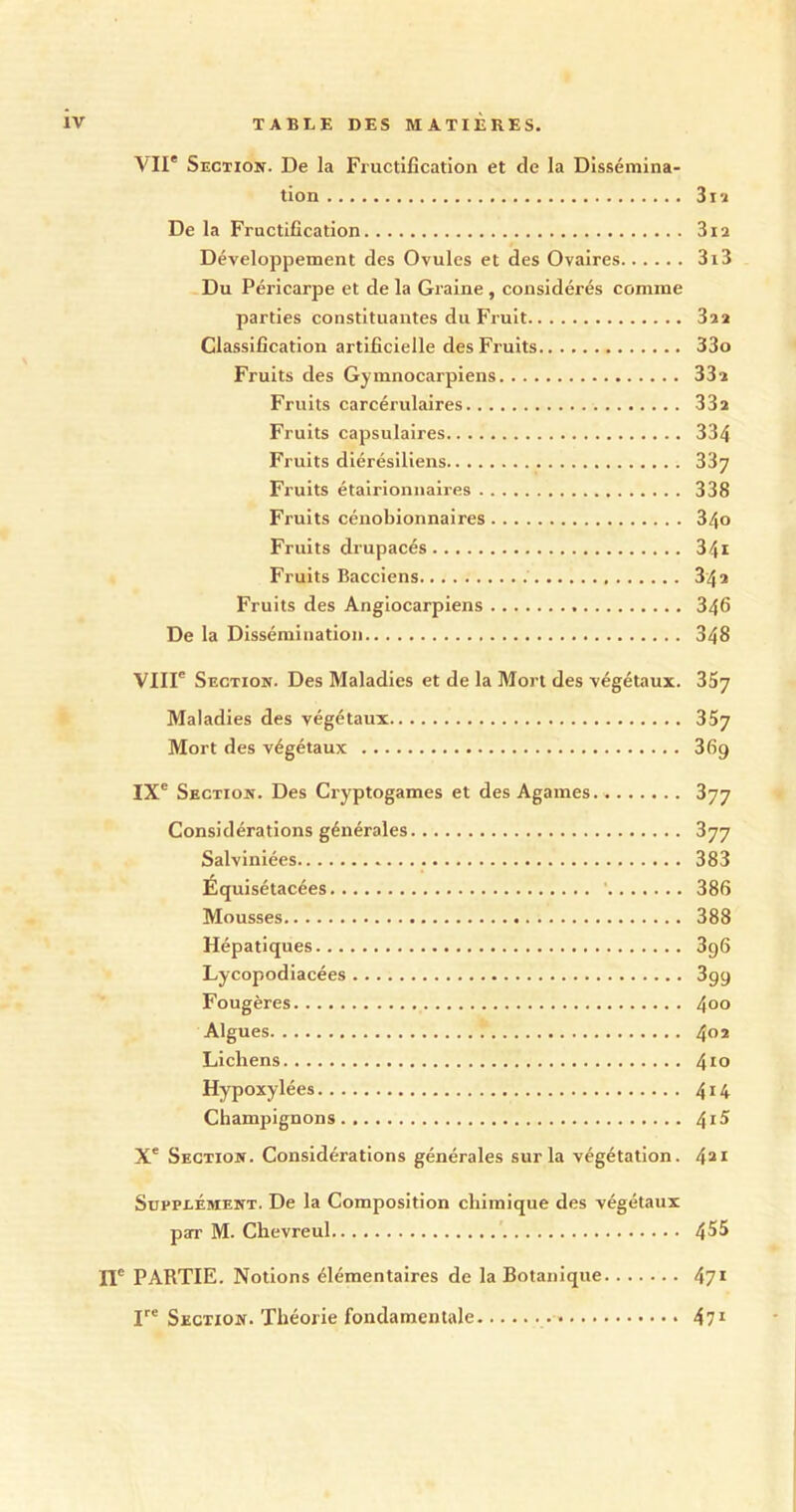 VII* Section. De la Fructification et de la Dissémina- tion 3iï De la Fructification 3ia Développement des Ovules et des Ovaires 3i3 Du Péricarpe et de la Graine , considérés comme parties constituantes du Fruit 3ï2 Classification artificielle des Fruits 33o Fruits des Gymnocarpiens 33a Fruits carcérulaires 33a Fruits capsulaires 334 Fruits diérésiliens 337 Fruits étairionnaires 338 Fruits cénobionnaires 34o Fruits drupacés 34i Fruits Bacciens 34a Fruits des Angiocarpiens 346 De la Dissémination 348 VIIIe Section. Des Maladies et de la Mort des végétaux. 35y Maladies des végétaux 357 Mort des végétaux 36g IXe Section. Des Cryptogames et des Agames 377 Considérations générales 377 Salviniées 383 Équisétacées ' 386 Mousses 388 Hépatiques 3g6 Lycopodiacées 3gg Fougères 4°° Algues 4° 2 Lichens 410 Hypoxylées 414 Champignons 4^ Xe Section. Considérations générales sur la végétation. 4»i Supplément. De la Composition chimique des végétaux parr M. Chevreul 4^5 ne PARTIE. Notions élémentaires de la Botanique 471 Ire Section. Théorie fondamentale 471