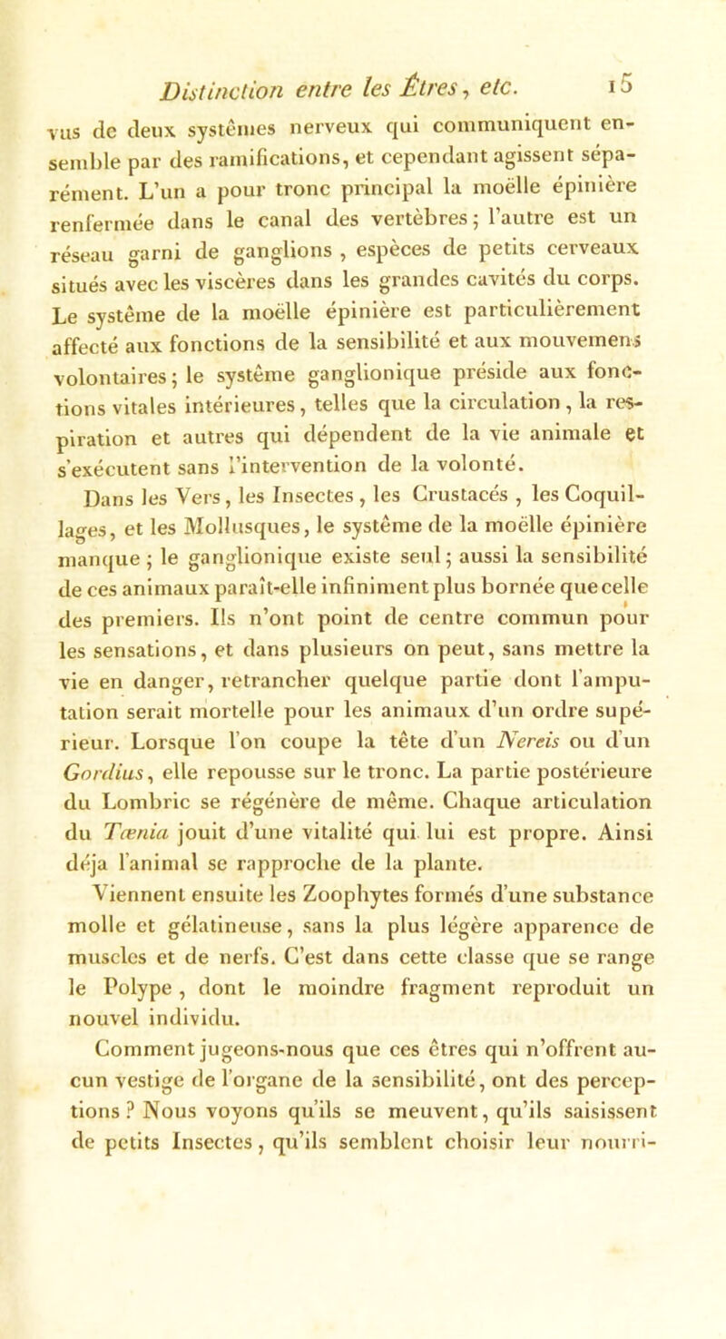 vus de deux systèmes nerveux qui communiquent en- semble par des ramifications, et cependant agissent sépa- rément. L’un a pour tronc principal la moelle épinière renfermée dans le canal des vertèbres; l’autre est un réseau garni de ganglions , especes de petits cei veaux situés avec les viscères dans les grandes cavités du corps. Le système de la moelle épinière est particulièrement affecté aux fonctions de la sensibilité et aux mouvement volontaires ; le système ganglionique préside aux fonc- tions vitales intérieures, telles que la circulation , la res- piration et autres qui dépendent de la vie animale et s’exécutent sans l’intervention de la volonté. Dans les Vers, les Insectes , les Crustacés , les Coquil- lages, et les Mollusques, le système de la moelle épinière manque; le ganglionique existe seul; aussi la sensibilité de ces animaux paraît-elle infiniment plus bornée que celle des premiers. Ils n’ont point de centre commun poul- ies sensations, et dans plusieurs on peut, sans mettre la vie en danger, retrancher quelque partie dont l'ampu- tation serait mortelle pour les animaux d’un ordre supé- rieur. Lorsque I on coupe la tête d’un Nereis ou d’un Gordius, elle repousse sur le tronc. La partie postérieure du Lombric se régénère de même. Chaque articulation du Tœnia jouit d’une vitalité qui lui est propre. Ainsi déjà l animal se rapproche de la plante. Viennent ensuite les Zoophytes formés d’une substance molle et gélatineuse, sans la plus légère apparence de muscles et de nerfs. C’est dans cette classe que se range le Polype, dont le moindre fragment reproduit un nouvel individu. Comment jugeons-nous que ces êtres qui n’offrent au- cun vestige de l’organe de la sensibilité, ont des percep- tions? Nous voyons qu’ils se meuvent, qu’ils saisissent de petits Insectes, qu’ils semblent choisir leur nourri-