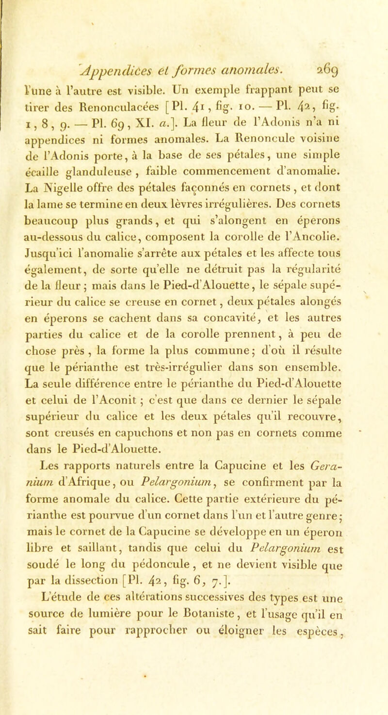 l’une à l’autre est visible. Un exemple frappant peut se tirer des Renonculacées [PI. 41 1 fi»- 10- — PI- 42i ^g- 1, 8, 9. — PI. 6g, XI. a.\ La fleur de l’Adonis n’a ni appendices ni formes anomales. La Renoncule voisine de l’Adonis porte, «à la base de ses pétales, une simple écaille glanduleuse , faible commencement d’anomalie. La Nigelle offre des pétales façonnés en cornets , et dont la lame se termine en deux lèvres irrégulières. Des cornets beaucoup plus grands, et qui s’alongent en éperons au-dessous du calice, composent la corolle de l’Ancolie. Jusqu’ici l’anomalie s’arrête aux pétales et les affecte tous également, de sorte qu’elle ne détruit pas la régularité de la fleur ; mais dans le Pied-d’Alouette, le sépale supé- rieur du calice se creuse en cornet, deux pétales alongés en éperons se cachent dans sa concavité, et les autres parties du calice et de la corolle prennent, à peu de chose près, la forme la plus commune; d’où il résulte que le périanthe est très-irrégulier dans son ensemble. La seule différence entre le périanthe du Pied-d Alouette et celui de l’Aconit ; c’est que dans ce dernier le sépale supérieur du calice et les deux pétales qu’il recouvre, sont creusés en capuchons et non pas en cornets comme dans le Pied-d’Alouette. Les rapports natui’els entre la Capucine et les Géra- nium d'Afrique, ou Pélargonium, se confirment par la forme anomale du calice. Cette partie extérieure du pé- rianthe est pourvue d’un cornet dans l’un et l’autre genre ; mais le cornet de la Capucine se développe en un éperon libre et saillant, tandis que celui du Pélargonium est soudé le long du pédoncule, et ne devient visible que par la dissection [PI. 42, fig. 6, 7.]. L’étude de ces altérations successives des types est une source de lumière pour le botaniste, et l’usage qu’il en sait faire pour rapprocher ou éloigner les espèces,