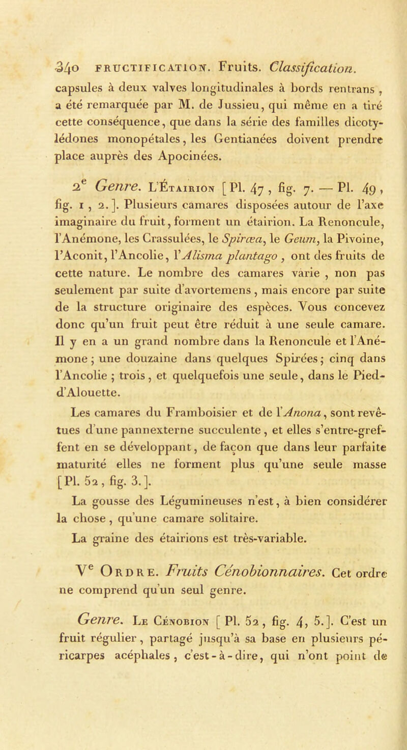 capsules à deux valves longitudinales à bords rentrans , a été remarquée par M. de Jussieu, qui même en a tiré cette conséquence, que dans la série des familles dicoty- lédones monopétales, les Gentianées doivent prendre place auprès des Apocinées. 2 e Crenre. L’Étairion [ PI. 47 , fig. 7- — PI- 49 ? fig. 1 , 2.]. Plusieurs eamares disposées autour de l’axe imaginaire du fruit, forment un étairion. La Renoncule, l’Anémone, les Crassulées, le Spirœa, le Geum, la Pivoine, l’Aconit, FAncolie, YAlisma plantago , ont des fruits de cette nature. Le nombre des eamares varie , non pas seulement par suite d’avortemens, mais encore par suite de la structure originaire des espèces. Vous concevez donc qu’un fruit peut être réduit à une seule camare. Il y en a un grand nombre dans la Renoncule et l’Ané- mone ; une douzaine dans quelques Spirées ; cinq dans l’Ancolie ; trois , et quelquefois une seule, dans le Pied- d’Alouette. Les eamares du Framboisier et de XAnona, sont revê- tues d une pannexterne succulente , et elles s’entre-gref- fent en se développant, de façon que dans leur parfaite maturité elles ne forment plus qu’une seule masse [PI. 52, fig. 3.]. La gousse des Légumineuses n’est, à bien considérer la chose , qu’une camare solitaire. La graine des étairions est très-variable. Ve Ordre. Fruits Cénobionnaires. Cet ordre ne comprend qu’un seul genre. Genre. Le Cénobion [ PI. 52, fig. 4, 5.]. C’est un fruit régulier, partagé jusqu’à sa base en plusieurs pé- ricarpes acéphales, c’est-à-dire, qui n’ont point de