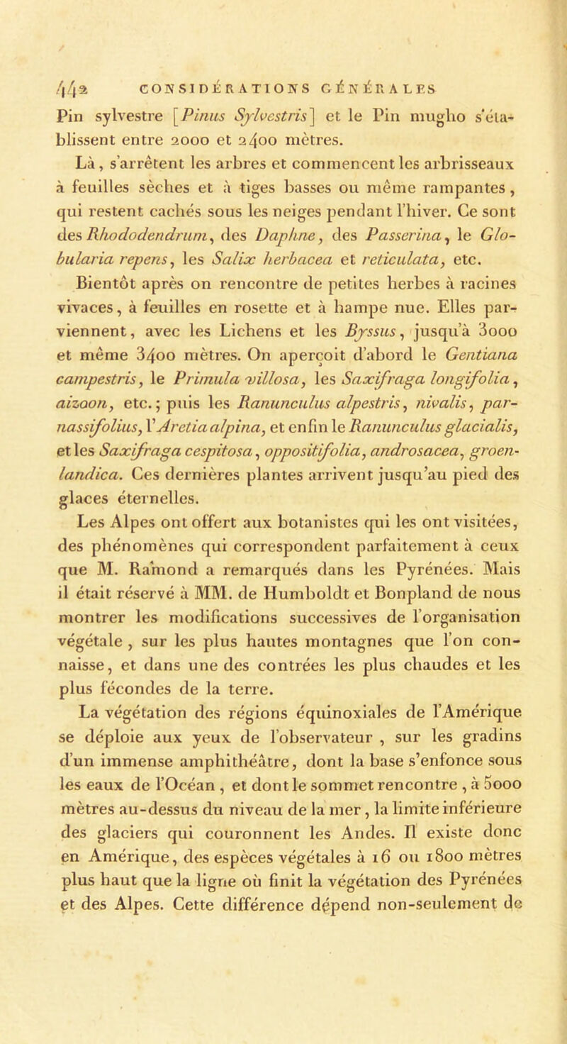 Pin sylvestre [ P inus Sylvestris] et le Pin mugho s’éla- blissent entre 2000 et 2400 mètres. Là, s’arrêtent les arbres et commencent les arbrisseaux à feuilles sèches et à tiges basses ou même rampantes , qui restent cachés sous les neiges pendant l’hiver. Ce sont des Rhododendrum, des Daphné, des Passerina, le da- bu laria repens, les Salix herbacea et reticulata, etc. Bientôt après on rencontre de petites herbes à racines vivaces, à feuilles en rosette et à hampe nue. Elles par- viennent, avec les Lichens et les Byssus, jusqu’à 3ooo et même 34oo mètres. On aperçoit d’abord le Gentiana campestris, le Primula -villosa, les Saxifraga longifolia, aizaon, etc.; puis les Ranunculus alpestris, nivalis, par- nassfolius, VAretia alpina, et enfin le Ranunculus glacialis, et les Saxifraga cespitosa, oppositfolia, androsacea, groen- landica. Ces dernières plantes arrivent jusqu’au pied des glaces éternelles. Les Alpes ont offert aux botanistes qui les ont visitées, des phénomènes qui correspondent parfaitement à ceux que M. Rarnond a remarqués dans les Pyrénées. Mais il était réservé à MM. de Humboldt et Bonpland de nous montrer les modifications successives de l'organisation végétale , sur les plus hautes montagnes que l’on con- naisse, et dans une des contrées les plus chaudes et les plus fécondes de la terre. La végétation des régions équinoxiales de l’Amérique se déploie aux yeux de l’observateur , sur les gradins d’un immense amphithéâtre, dont la base s’enfonce sous les eaux de l’Océan , et dont le sommet rencontre , à 5ooo mètres au-dessus du niveau de la mer, la limite inférieure des glaciers qui couronnent les Andes. Il existe donc en Amérique, des espèces végétales à 16 ou 1800 mètres plus haut que la ligne où finit la végétation des Pyrénées et des Alpes. Cette différence dépend non-seulement de