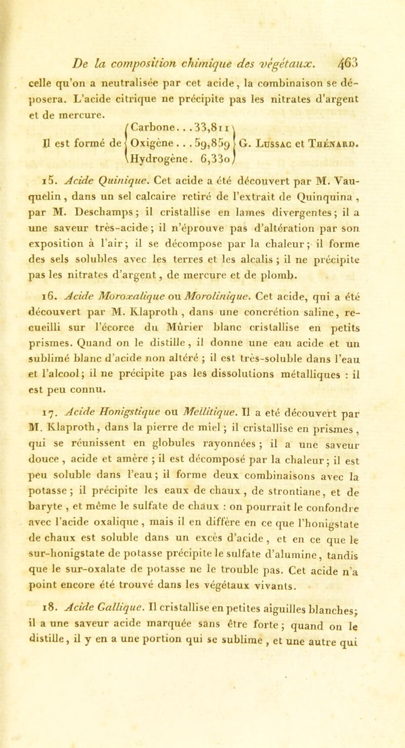 celle qu’on a neutralisée par cet acide, la combinaison se dé- posera. L’acide citrique ne précipite pas les nitrates d’argent et de mercure. (Carbone.. .33,811 \ Oxigène . . . 59,85y y G. Lüssac et Thénard. Hydrogène. 6,33o) i5. Acide Qui/iique. Cet acide a été découvert par M. Yau- quelin, dans un sel calcaire retiré de l’extrait de Quinquina , par M. Deschamps; il cristallise en lames divergentes; il a une saveur très-acide ; il n’éprouve pas d’altération par son exposition à l’air; il se décompose par la chaleur; il forme des sels solubles avec les terres et les alcalis ; il ne précipite pas les nitrates d’argent, de mercure et de plomb. 16. Acide Moro.valique ou Morolinique. Cet acide, qui a été découvert par M. Rlaprotli, dans une concrétion saline, re- cueilli sur l’écorce du Mûrier blanc cristallise en petits prismes. Quand on le distille, il donne une eau acide et un sublimé blanc d’acide non altéré ; il est très-soluble dans l’eau et l’alcool ; il ne précipite pas les dissolutions métalliques : il est peu connu. 17. Acide Honigstique ou Meilitique. Il a été découvert par M. Klaproth, dans la pierre de miel ; il cristallise en prismes , qui se réunissent en globules rayonnées ; il a une saveur douce , acide et amère ; il est décomposé par la chaleur; il est peu soluble dans l’eau ; il forme deux combinaisons avec la potasse; il précipite les eaux de chaux, de strontiane, et de baryte , et même le sulfate de chaux : on pourrait le confondre avec l’acide oxalique, mais il en diffère en ce que l’honigstate de chaux est soluble dans un excès d’acide, et en ce que le sur-honigstate de potasse précipite le sulfate d’alumine, tandis que le sur-oxalate de potasse ne le trouble pas. Cet acide n’a point encore été trouvé dans les végétaux vivants. 18. Acide Gallique. Il cristallise en petites aiguilles blanches; il a une saveur acide marquée sans être forte ; quand on le distille, il y en a une portion qui se sublime , et une autre qui