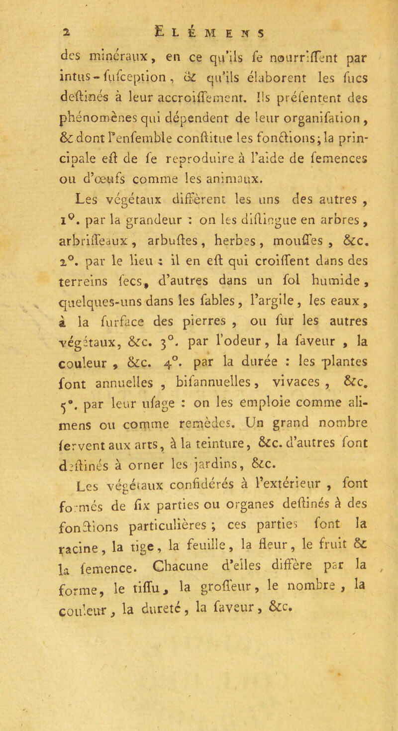 des minéraux, en ce qu’ils fe nourrirent par intus-fufeeption, 6c qu’ils élaborent les fucs deftinés à leur accroiftemcnr. Ils préfentent des phénomènes qui dépendent de leur organifaiion , & dont Penfemble conftitue les fondions; la prin* ci pale eft de fe reproduire à l’aide de femences ou d’oeufs comme les animaux. Les végétaux diffèrent les uns des autres , iQ. par la grandeur : on les diftingue en arbres , arbriiTeaux, a r bu fies , herbes, moufles, &c. 2°. par le lieu ; il en eft qui croiffent dans des terreins fecs, d’autres dans un fol humide, quelques-uns dans les fables , l’argile , les eaux , à la furface des pierres , ou fur les autres végétaux, &c. 30. par l’odeur, la faveur , la couleur , &c. 40. par la durée : les plantes font annuelles , bifannuelles, vivaces, &c. par leur ufage : on les emploie comme ali- mens ou comme remèdes. Un grand nombre fervent aux arts, à la teinture, &c. d’autres font deftinés à orner les jardins, &c. Les végétaux confidérés à l’extérieur , font formés de fix parties ou organes deftinés à des fondions particulières ; ces parties font la racine, la tige, la feuille, la fleur, le fruit &C la femence. Chacune d’elles diffère par la , forme, le tiflu, la groffeur, le nombre, la couleur, la dureté , la faveur, &c.