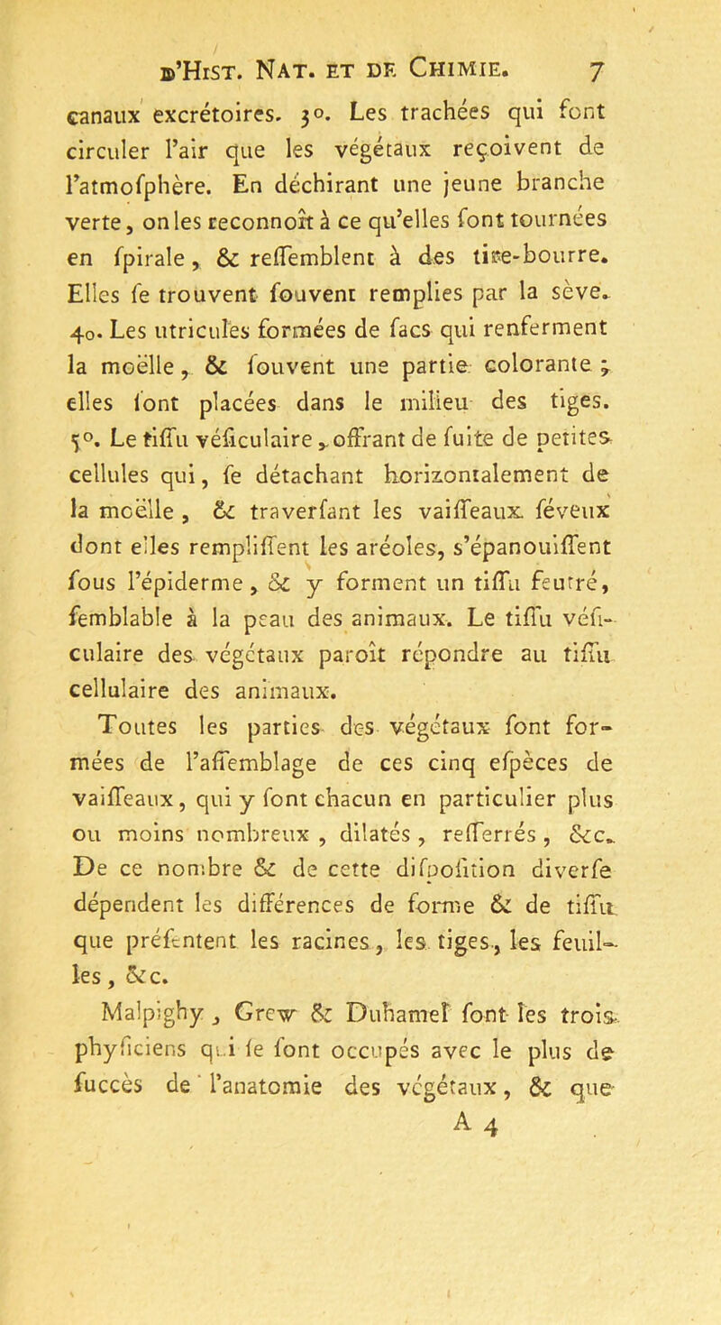canaux excrétoires. 30. Les trachées qui font circuler l’air que les végétaux reçoivent de l’atmofphère. En déchirant line jeune branche verte, on les reconnoît à ce qu’elles font tournées en fpirale, & reffemblent à des tire-bourre. Elles le trouvent fouvent remplies par la sève. 40. Les utricules formées de facs qui renferment la moelle , & fouvent une partie colorante ÿ elles font placées dans le milieu des tiges. 50. Le tiffu véficulaire offrant de fuite de petites cellules qui, fe détachant horizontalement de la moelle , ôt traverfant les vaiffeaux. féveux dont elles rempliffent les aréoles, s’épanouiffent fous l’épiderme, &c y forment un tifîu feurré, femblable à la peau des animaux. Le tifîu véfi- culaire des végétaux paroît répondre au tifîu cellulaire des animaux. Toutes les parties des végétaux font for- mées de l’affemblage de ces cinq efpèces de vaiffeaux, qui y font chacun en particulier plus ou moins nombreux , dilatés , refferrés , Stc. De ce nombre & de cette difpofîtion diverfe dépendent les différences de forme St de tifîu que préffntent les racines, les tiges., les feuil- les , St c. Malpighy Grcw St Duhameî font les trois-, phyficiens qi..i fe lont occupés avec le plus dgi fuccès de l’anatomie des végétaux, St que A4