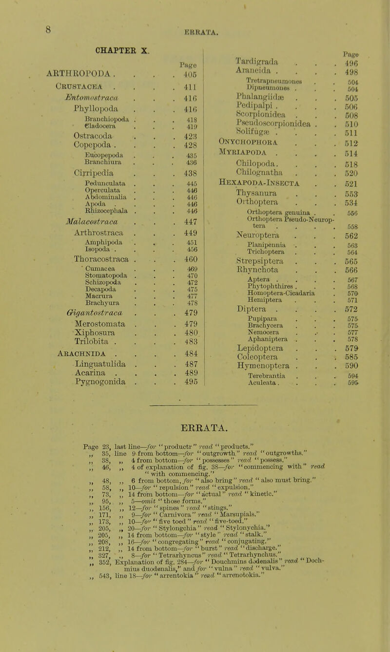 ERRATA. CHAPTER X. Page ARTHROrODA. . . . 405 Crustacea . . . .411 Ento-mostraca . . .416 Phyllopoda . . . 410 Bmiichiopoda . . . 418 eiadoceva . . . 419' Ostracoda , , . 42H Copepoda .... 428 Kubo])epodji . . . 435 Bnmchiura . . . 436 Cirripedia . . . 438 Pecliuiculata . . . 445 Operculata . . . 446 Abdoiuiualia . . . 446 Apoda .... 446 Rliizocephala . . . 446 Malacostraca . . . 447 Arthrostraca . . . 449 Amphipoda . . .451 Isopoda .... 456 Thoracostraca . . . 460 ' Cuniacea . . . 469 Stomatopoda . . . 470 Schizopoda . . . 472 Decapoda . . . 475 Macmra . . . 477 Brachyura . . .478 Oigantostraca . . .479 Merostomata . . .479 Xiphosura . . . 480 Trilobita . . . .483 Aeachnida .... 484 Linguatulida . . . 487 Acarina .... 489 Pygnogonida . . . 495 Page Tardigi'ada . 4;)6 Aiaiieida .... 498 TretrapiieumoiieH . . 004 Uipueuiiioiieti . , . 504 Phalaiigiidas . . . 505 Pedipalpi .... 506 Sc(jrj)ion.idea . . . 508 Pseudoscorpionidea . . 510 Holifugfe . . .511 Onychophora . . .512 Mybiapoda . . , .514 Chilopoda. . . . 518 Chilognatha . . . 520 Hexapoda-Insecta . . 521 Thysanura . . . 55.^ Oithoptera . . . 534 Orthoptera geuuiiia . . 556 Orthoptera Pseudo-Neurop- tera . . . .558 Neuroptera . . . 562 Planipeiinia . . . 563 Trichoptera . . . 564 Strepsiptera . . . 565 Rhynchota . . . 566 Aptera .... 567 Phj-tophthires . . . 568 Homoijtera-Cicadaria . 570 Heruiptera . . . 571 Diptera .... 672 Pupipara . . . 575 Brachycera . . . 575 Nemooera . .• . 577 Aphaniptera . . . 578 Lepidoptera . . . 579 Coleoptera . . . 585 Hymeuoptera . . . 590 Terebrantia . . . 594 Aculeata.... 595- EKRATA. Page 23, last line—/'or product!- read products. „ 35, line 9 from bottom—fo?- outgrowth j-carf outgi-owths. „ 38, „ 4from bottom—^Vw possesses read iwssess. „ 46, ,, 4 of explanation of fig. 38—/oj- commencing with read  with commencing. „ 48, ,, 6 from bottom, for  also bring  read  also must bring. ,, 58, ,, 10—;fo?- repulsion  rearf  expulsion. ,, 73, „ 14 from bottom—/or actual rca(i kinetic. „ 95, ,, 5—omif  those foims. 156, ,, 12—/or spines ?c«(Z stings. „ 171, „ 9—/or  Caniivora iwti Mai-supials. „ 173, „ 10—/or  five toed  reai<  five-toed. „ 205, „ 20—/or  Stylongchia I'cad  Stylonycliia. „ 205, „ 14 fi-om bottom—/or style  imd stalk. ,, 208, ,, 16—for congregatuig mid conjtigating. „ 212, „ 14 from bottom—for  burst read  dischai-ge. „ 327, ,, 8—/or Tetrarhyncus reacZ Tetrarhynchus. „ 352, Explanation of fig. 284—/or  Douchmins dodenalis rcarf  Doch- mius duodenalis, and/or vultia read vulva. „ 543, line 18—/or  arrentokia  read  anenotokia.