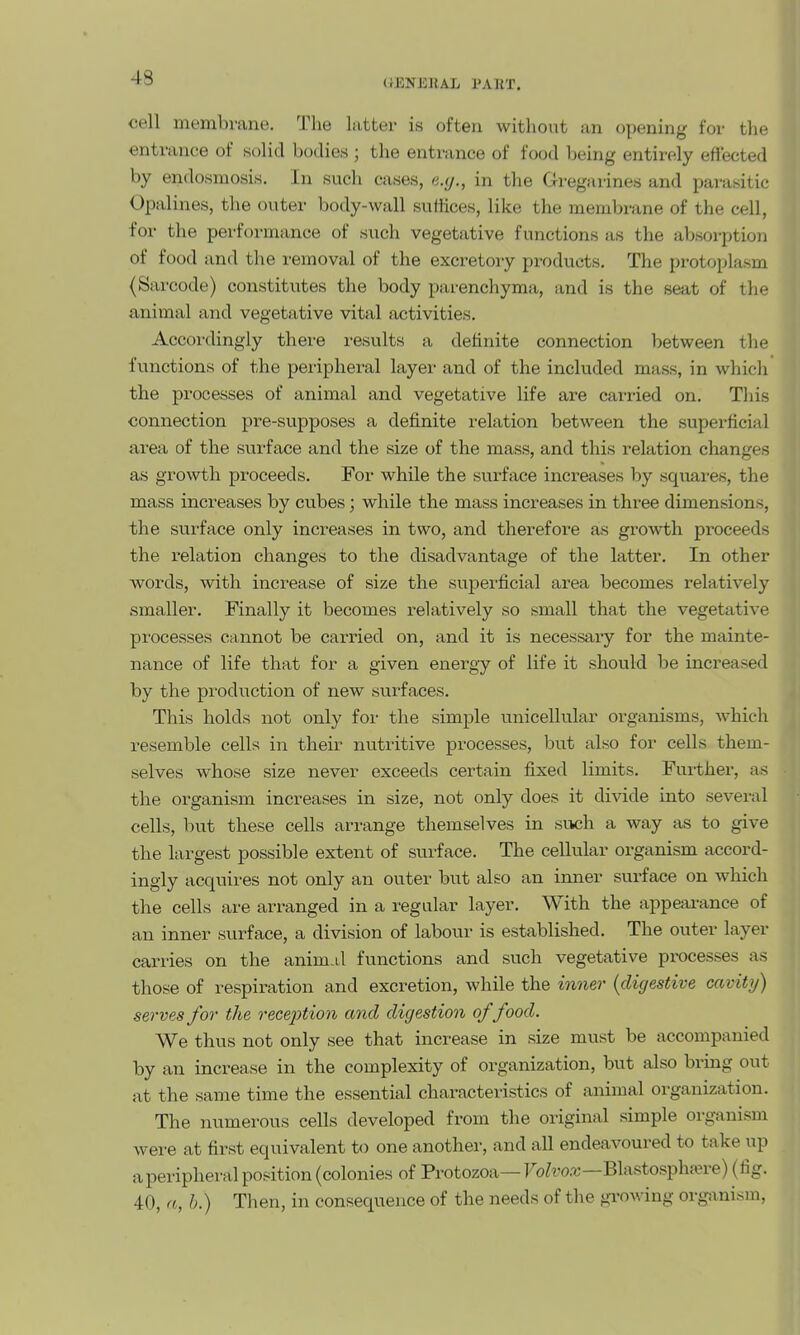 (JENEKAL PAHT. cell membrane. The latter is often without an opening for the entrance of solid bodies; the entrance of food being entirely effected by endosmosis. In such cases, e.</., in the Gregarines and paiusitic Opalines, the outer body-wall suffices, like the membrane of the cell, for the performance of such vegetative functions as the absoi-ption of food and the removal of the excretory products. The protoplasm (Sarcode) constitutes the body parenchyma, and is the seat of the animal and vegetative vital activities. Accordingly there results a definite connection between the functions of the periphei-al layer and of the included mass, in which the processes of animal and vegetative life are carried on. This connection pre-supposes a definite relation between the superficial area of the svirface and the size of the mass, and this relation changes as growth pi-oceeds. For while the surface increases by squares, the mass increases by cubes; while the mass increases in three dimensions, the surface only increases in two, and therefore as growth proceeds the relation changes to the disadvantage of the latter. In other words, with increase of size the superficial area becomes relatively smaller. Finally it becomes relatively so small that the vegetative processes cannot be carried on, and it is necessary for the mainte- nance of life that for a given energy of life it should be increased by the production of new surfaces. This holds not only for the simple unicellular organisms, which resemble cells in their nutritive processes, but also for cells them- selves whose size never exceeds certain fixed limits. Further, as the organism increases in size, not only does it divide into several cells, but these cells arrange themselves in svich a way as to give the largest possible extent of surface. The cellular organism accord- ingly acquires not only an outer but also an inner surface on which the cells are arranged in a regular layer. With the appearance of an inner surface, a division of labour is established. The outer layer carries on the anim.d functions and such vegetative processes as those of respiration and excretion, while the iomei- {digestive cavity) serves for the recejjtion and digestion offood. We thus not only see that increase in size must be accompanied by an increase in the complexity of organization, but also bring out at the same time the essential characteristics of animal organization. The numerous cells developed from the original simple organism were at first equivalent to one another, and all endeavoured to take up aperipheral position (colonies of Protozoa— Fo^mr—Blastospha?re) (fig. 40, a, h.) Then, in consequence of the needs of the growing organism,