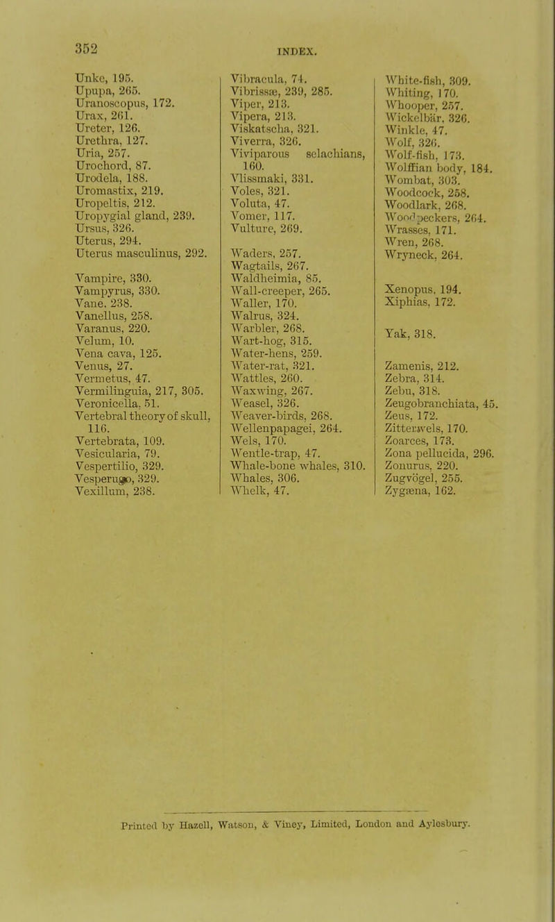Unke, 195. Upupa, 265. Uranoscopus, 172. Urax, 2(il. Ureter, 126. Urethra, 127. Uria, 257. Urochord, 87. Urodcla, 188. Uromastix, 219. Uropoltis, 212. Uropygial gland, 239. Ursus, 326. Uterus, 294. Uterus masculinus, 292. Vampire, 330. Vampyrus, 330. Vane. 238. Vanellus, 258. Varanus, 220. Velum, 10. Vena cava, 125. Venus, 27. Vermetus, 47. Vermilinguia, 217, 305. Veronicella, 51. Vertebral theory of skull, 116. Vertebrata, 109. Vesicularia, 79. Vespertilio, 329. VesperugD, 329. Vexillum, 238. Vibracula, 74. Vibrissae, 239, 285. Viper, 213. Vipera, 213. Viskatscha, 321. Viverra, 326. Vivi])arous selacliians, 160. Vlissmaki, 331. Voles, 321. Voluta, 47. Vomer, 117. Vulture, 269. Waders, 257. Wagtails, 267. Waldheimia, 85. Wall-creeper, 265. WaUer, 170. Walrus, 324. Warbler, 268. Wart-hog, 315. Water-hens, 259. Water-rat, 321. Wattles, 260. Waxwing, 267. Weasel, 326. Weaver-birds, 268. Wellenpapagei, 264. Wels, 170. Wentle-trap, 47. Whale-bone whales, 310. Whales, 306. Whelk, 47. White-fish, 309. Whiting, 170. Whooper, 257. Wickcibar. 326. Winkle, 47. Wolf, 32(i. Wolf-fish, 173. Wolffian body, 184. Wombat, 3U3. Woodcock, 258. Woodlark, 268. Woofipeckers, 264. Wrasses, 171. Wren, 268. Wryneck, 264. Xenopus. 194, Xiphias, 172. Yak, 318. Zamenis, 212. Zebra, 314. Zebu, 318. Zeugobranchiata, 45. Zeus, 172. Zitterjvels, 170. Zoarces, 173. Zona pellucida, 296. Zonurus, 220. Zugvogel, 255. Zygaena, 162. Printed hy Hazell, Watson, & Viney, Limited, London and Aylesbury.