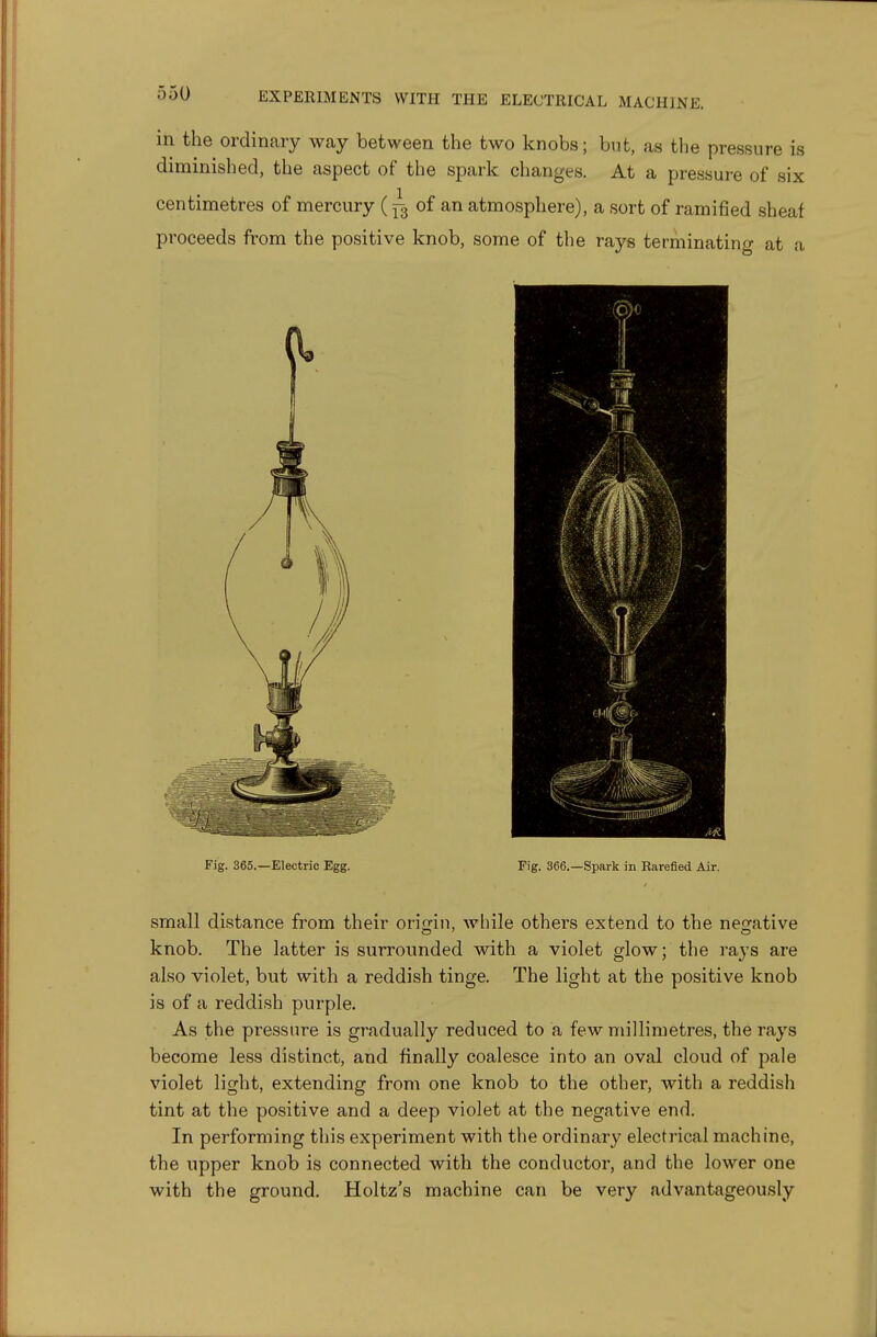 in the ordinary way between the two knobs; but, as the pressure is diminished, the aspect of the spark changes. At a pressure of six centimetres of mercury (^ of an atmosphere), a sort of ramified sheaf proceeds from the positive knob, some of the rays terminatino- at a Fig. 365.—Electric Egg. Pig. 366.—Spark in Rarefied Air. small distance from their orimn, while others extend to the negative knob. The latter is surrounded with a violet glow; the rays are also violet, but with a reddish tinge. The light at the positive knob is of a reddish purple. As the pressure is gradually reduced to a few millimetres, the rays become less distinct, and finally coalesce into an oval cloud of pale violet light, extending from one knob to the other, with a reddish tint at the positive and a deep violet at the negative end. In performing this experiment with the ordinary electrical machine, the upper knob is connected with the conductor, and the lower one with the ground. Holtz's machine can be very advantageously