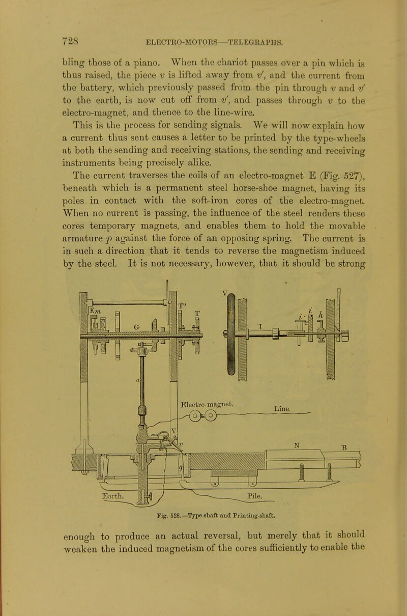 bling those of a piano. Wlieri the chariot passes over a pin which is thus raised, the piece v is lifted away from v', and the current from the battery, which previously passed from the pin through v and v' to the earth, is now cut off from v', and passes througli v to the electro-raaofnet, and thence to the line-wire. This is the process for sending signals. We will now explain how a current thus sent causes a letter to be printed by the type-wheels at both the sending and receiving stations, the sending and receiving instruments being precisely alike. The current traverses the coils of an electro-magnet E (Fig. 527), beneath which is a permanent steel horse-shoe magnet, having its poles in contact with the soft-iron cores of the electro-magnet. When no current is passing, the influence of the steel renders these cores temporary magnets, and enables them to hold the movable armature p against the force of an opposing spring. The current is in such a direction that it tends to reverse the magnetism induced by the steel. It is not necessary, however, that it should, be strong Pig. 528.—Type-shaft and Printing-Bhaft. enough to produce an actual reversal, but merely that it should weaken the induced magnetism of the cores sufficiently to enable the