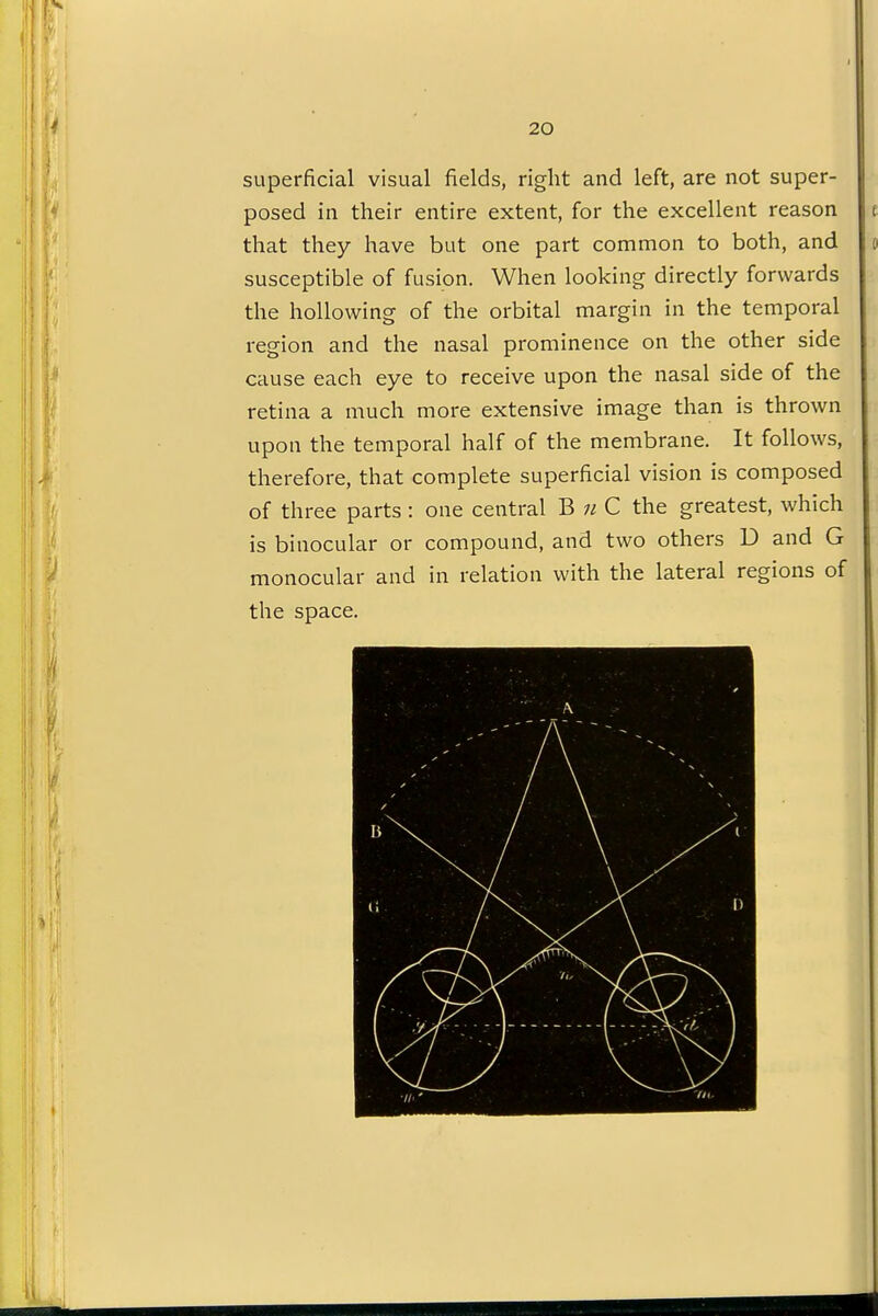 superficial visual fields, right and left, are not super- posed in their entire extent, for the excellent reason that they have but one part common to both, and susceptible of fusion. When looking directly forwards the hollowing of the orbital margin in the temporal region and the nasal prominence on the other side cause each eye to receive upon the nasal side of the retina a much more extensive image than is thrown upon the temporal half of the membrane. It follows, therefore, that complete superficial vision is composed of three parts: one central B « C the greatest, which is binocular or compound, and two others D and G monocular and in relation with the lateral regions of the space.