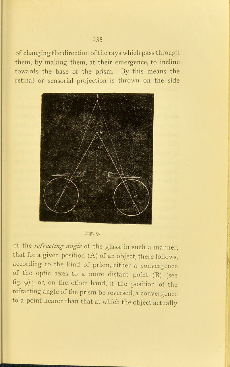 of changing the direction of the rays which pass through them, by making them, at their emergence, to incline towards the base of the prism. By this means the retinal or sensorial projection is thrown on the side Fig. 9. of the refracting angle of the glass, in such a manner, that for a given position (A) of an object, there follows, according to the kind of prism, either a convergence of the optic axes to a more distant point (B) (see fig- 9); or, on the other hand, if the position of the refracting angle of the prism be reversed, a convergence to a point nearer than that at which the object actually