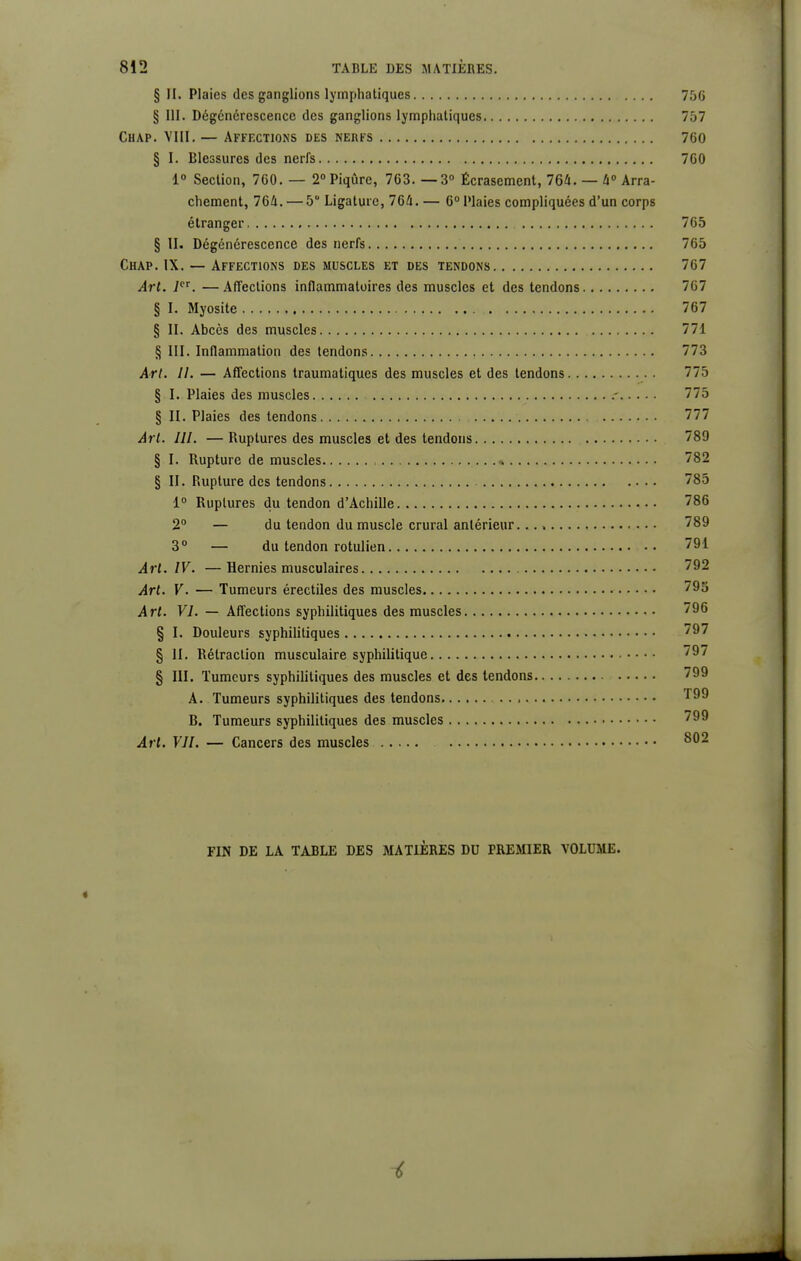 § II. Plaies des ganglions lymphatiques 756 § III. Dégénérescence des ganglions lymphatiques 757 Chap. VIII. — Affections des nerfs 760 § I. Blessures des nerfs 760 l» Section, 760. — 2° Piqûre, 763. —3° Écrasement, 764. — li° Arra- chement, 76i. — 5 Ligature, 76/i. — 6° Plaies compliquées d'un corps étranger 765 § II. Dégénérescence des nerfs 765 Chap. IX. — Affections des muscles et des tendons 767 Art. J. —Affections inflammatoires des muscles et des tendons 767 § I. Myosite 767 § II. Abcès des muscles 771 § III. Inflammation des tendons 773 Arl. II. — Affections traumatiques des muscles et des tendons 775 § I. Plaies des muscles 775 § II. Plaies des tendons 777 Ârt. III. — Ruptures des muscles et des tendons 789 § I. Rupture de muscles 782 § II. Rupture des tendons 785 1° Ruptures du tendon d'Achille 786 2° — du tendon du muscle crural antérieur. 789 3° — du tendon rotulien 791 Arl. IV. —Hernies musculaires 792 Art. V. — Tumeurs érectiles des muscles 795 Art. VI. — Affections syphilitiques des muscles 796 § I, Douleurs syphilitiques 797 § II. Rétraction musculaire syphilitique '97 § III. Tumeurs syphilitiques des muscles et des tendons 799 A. Tumeurs syphilitiques des tendons T99 B. Tumeurs syphilitiques des muscles 799 Art. VII. — Cancers des muscles FIN DE LA TABLE DES MATIÈRES DU PREMIER VOLUME. « *