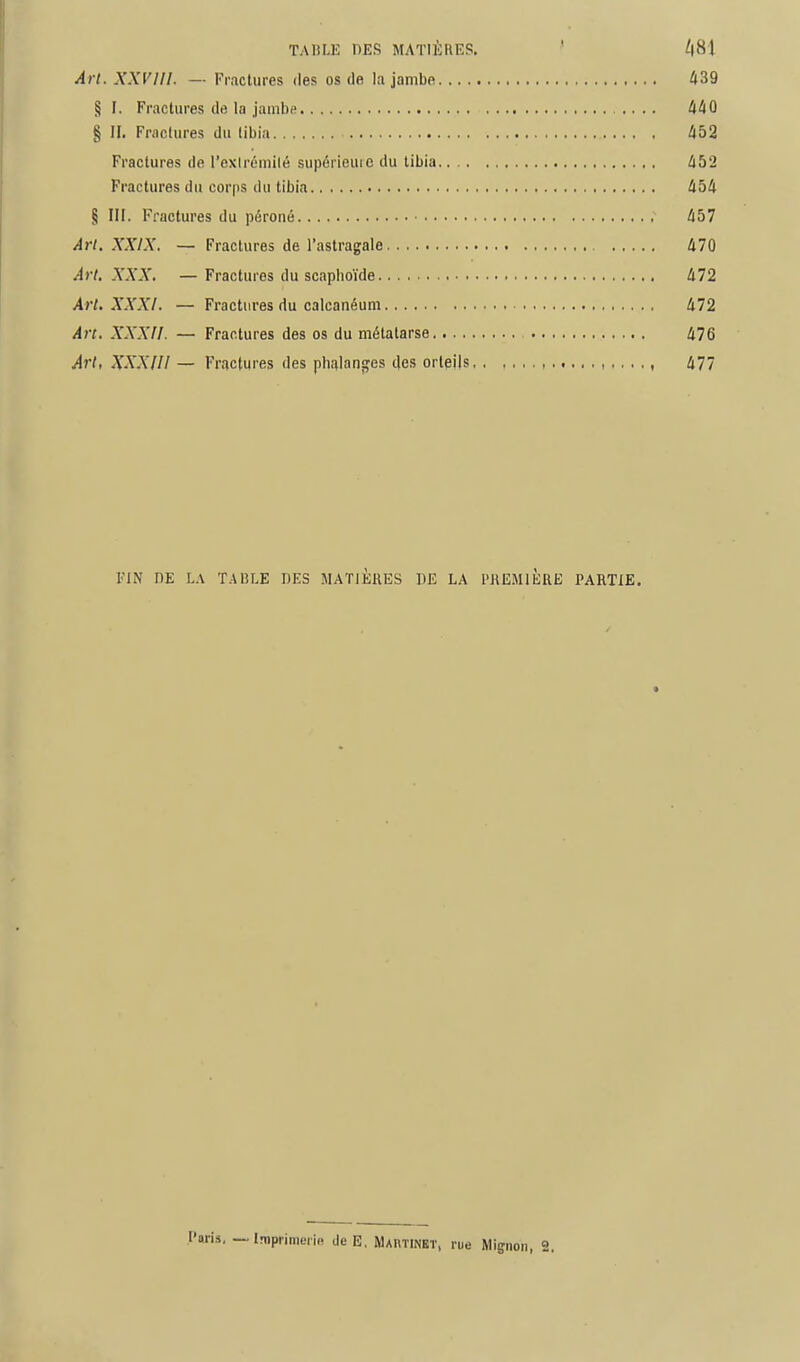 Art. XXVIII. — Fractures des os de la jambe 439 § [. Fractures de la jambe 440 § II. Fractures du tibia 452 Fractures de l'exirémilé supérieure du tibia.. 452 Fractures du corps du tibia 454 § III. Fractures du péroné 457 Art. XXIX. — Fractures de l'astragale 470 Art, XXX, —Fractures du scaphoïde 472 Art. XXXI. — Fractures du calcanéum 472 Art. XXXII. — Fractures des os du métatarse 476 Art, XXXIII — Fractures des phalanges des orteils , 477 FIN HE LA TABLE DES MATIÈRES DE LA PREMIÈRE PARTIE. h. —Imprimerie de G. Mai\tinet, rue Mignon, 2.