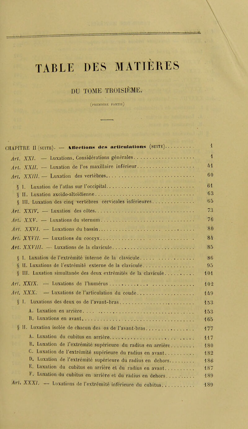 TABLE DES MATIÈRES DU TOME TROISIÈME. CHAPITRE II (suite). — Affections «les articulations (suite) 1 Art. XXI. — Luxations. Considérations générales 1 Art. XXII. — Luxation de l'os maxillaire inférieur 41 Art. XXIII. — Luxation des vertèbres 60 § 1. Luxation de l'atlas sur l'occipital 61 § II. Luxation axoïdo-altoïdienne 63 § 111. Luxation des cinq vertèbres cervicales inférieures 65 Art. XXIV. — Luxation des côtes 73 Art. XXV. — Luxations du sternum 76 Art. XXVI. — Luxations du bassin 80 Art. XXVII. — Luxations du coccyx 84 Art. XXVIII. — Luxations de la clavicule 85 § I. Luxation de l'extrémité interne de la clavicule 86 ^ II. Luxations de l'extrémité externe de la clavicule 95 § III. Luxation simultanée des deux extrémités de la clavicule 101 Art. XXIX. — Luxations de l'bumérus 102 Art. XXX. — Luxations de l'articulation du coude 149 § I. Luxations des deux os de l'avant-bras 153 A. Luxation en arrière 153 B. Luxations en avant 465 § H. Luxation isolée de chacun des os de l'avant-bras 177 A. Luxation du cubitus en arrière 117 11. Luxation de l'extrémité supérieure du radius en arrière 180 C. Luxation de l'extrémité supérieure du radius en avant 182 D. Luxation de l'extrémité supérieure du radius en dehors 186 E. Luxation du cubitus en arrière et du radius en avant 187 F. Luxation du cubitus en arrière et du radius en dehors 1.89 Arl. XXXI. _ Luxations de l'extrémité inférieure du cubitus 189