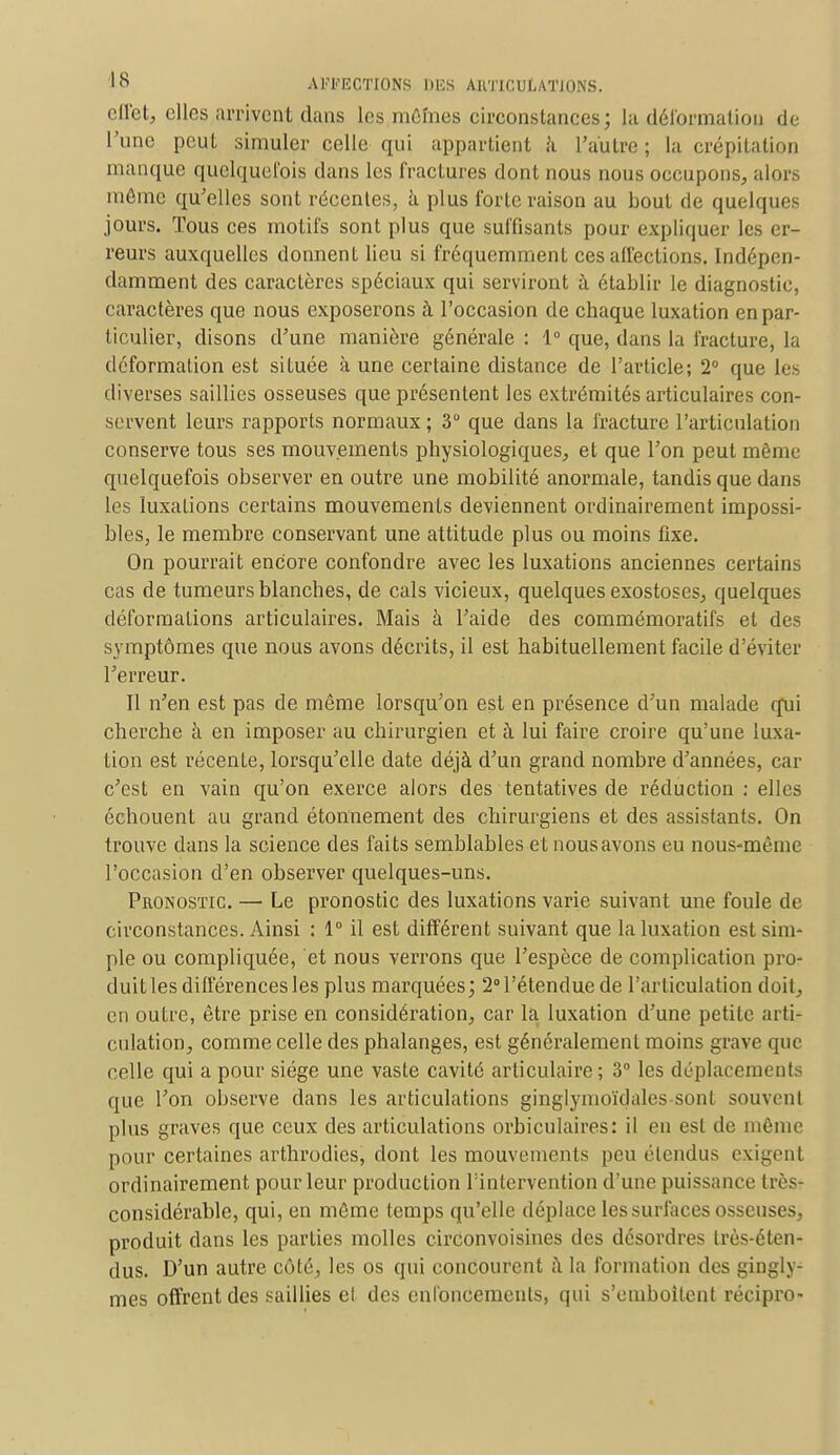 effet, elles arrivent dans les mêmes circonstances; la déformation de l'une peut simuler celle qui appartient à l'autre; la crépitation manque quelquefois dans les fractures dont nous nous occupons, alors môme qu'elles sont récentes, à plus forte raison au bout de quelques jours. Tous ces motifs sont plus que suffisants pour expliquer les er- reurs auxquelles donnent lieu si fréquemment ces affections. Indépen- damment des caractères spéciaux qui serviront à établir le diagnostic, caractères que nous exposerons à l'occasion de chaque luxation en par- ticulier, disons d'une manière générale : 1° que, dans la fracture, la déformation est située à une certaine distance de l'article; 2° que les diverses saillies osseuses que présentent les extrémités articulaires con- servent leurs rapports normaux ; 3° que dans la fracture l'articulation conserve tous ses mouvements physiologiques, et que l'on peut même quelquefois observer en outre une mobilité anormale, tandis que dans les luxations certains mouvements deviennent ordinairement impossi- bles, le membre conservant une attitude plus ou moins fixe. On pourrait encore confondre avec les luxations anciennes certains cas de tumeurs blanches, de cals vicieux, quelques exostoses, quelques déformations articulaires. Mais à l'aide des commémoratifs et des symptômes que nous avons décrits, il est habituellement facile d'éviter l'erreur. Il n'en est pas de même lorsqu'on est en présence d'un malade qui cherche à en imposer au chirurgien et à lui faire croire qu'une luxa- tion est récente, lorsqu'elle date déjà d'un grand nombre d'années, car c'est en vain qu'on exerce alors des tentatives de réduction : elles échouent au grand étonnement des chirurgiens et des assistants. On trouve dans la science des faits semblables et nous avons eu nous-même l'occasion d'en observer quelques-uns. Pronostic — Le pronostic des luxations varie suivant une foule de circonstances. Ainsi : 1° il est différent suivant que la luxation est sim- ple ou compliquée, et nous verrons que l'espèce de complication pro- duit les différences les plus marquées; 2°l'étendue de l'articulation doit, en outre, être prise en considération, car la luxation d'une petite arti- culation, comme celle des phalanges, est généralement moins grave que celle qui a pour siège une vaste cavité articulaire; 3° les déplacements que l'on observe dans les articulations ginglymoïdales sont souvent plus graves que ceux des articulations orbiculaires: il en est de même pour certaines arthrodies, dont les mouvements peu étendus exigenl ordinairement pour leur production l'intervention d'une puissance très- considérable, qui, en môme temps qu'elle déplace les surfaces osseuses, produit dans les parties molles circonvoisines des désordres très-éten- dus. D'un autre côté, les os qui concourent à la formation des gingly- mes offrent des saillies et des enfoncements, qui s'emboîtent récipro-