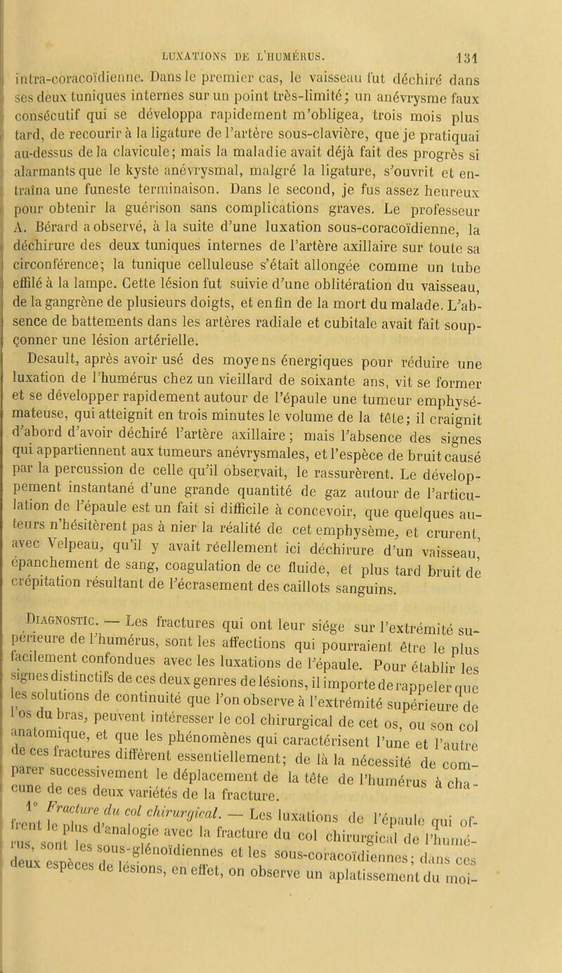 intra-cbracoïdienne. Dansle premier cas, le vaisseau l'ut déchiré dans ses deux tuniques internes sur un point très-limité; un anévrysme faux consécutif qui se développa rapidement m'obligea, trois mois plus tard, de recourir à la ligature de l'artère sous-clavière, que je pratiquai au-dessus delà clavicule; mais la maladie avait déjà fait des progrès si alarmants que le kyste anévrysmal, malgré la ligature, s'ouvrit et en- traîna une funeste terminaison. Dans le second, je fus assez heureux pour obtenir la guérison sans complications graves. Le professeur A. Bérard a observé, à la suite d'une luxation sous-coracoïdienne, la déchirure des deux tuniques internes de l'artère axillaire sur toute sa circonférence; la tunique celluleuse s'était allongée comme un tube effilé à la lampe. Cette lésion fut suivie d'une oblitération du vaisseau, de la gangrène de plusieurs doigts, et enfin de la mort du malade. L'ab- sence de battements dans les artères radiale et cubitale avait fait soup- çonner une lésion artérielle. Desault, après avoir usé des moyens énergiques pour réduire une luxation de l'humérus chez un vieillard de soixante ans, vit se former et se développer rapidement autour de l'épaule une tumeur emphysé- mateuse, qui atteignit en trois minutes le volume de la téle; il craignit d'abord d'avoir déchiré l'artère axillaire ; mais l'absence des signes qui appartiennent aux tumeurs anévrysmales, et l'espèce de bruit causé par la percussion de celle qu'il observait, le rassurèrent. Le dévelop- pement instantané d'une grande quantité de gaz autour de l'articu- lation de l'épaule est un fait si difficile à concevoir, que quelques au- teurs n'hésitèrent pas à nier la réalité de cet emphysème, et crurent avec Velpeau, qu'il y avait réellement ici déchirure d'un vaisseau' epanchement de sang, coagulation de ce fluide, et plus tard bruit de crépitation résultant de l'écrasement des caillots sanguins. Diagnostic - Les fractures qui ont leur siège sur l'extrémité su- périeure de 1 humérus, sont les affections qui pourraient être le plus facilement confondues avec les luxations de l'épaule. Pour établir les s.gnes distinctifs de ces deux genres de lésions, il importe derappelêr que «solutions de continuité que l'on observe à l'extrémité supérieure de 1 os du bras, peuvent intéresser le col chirurgical de cet os, ou son col anatomique, et que les phénomènes qui caractérisent l'une et l'autre de ces fractures diffèrent essentiellement; de là la nécessité de em- parer successivement le déplacement de la tête de l'humérus à cln cune de ces deux variétés de la fracture. 1° Fracture du col chirurgical. - Les luxations de l'épaule oui of d^ esnè es^f;- dienfS ClleS SOUS^racoïdiennes; dan, ces deux espèces de lésions, en effet, on observe un aplatissement du moi-