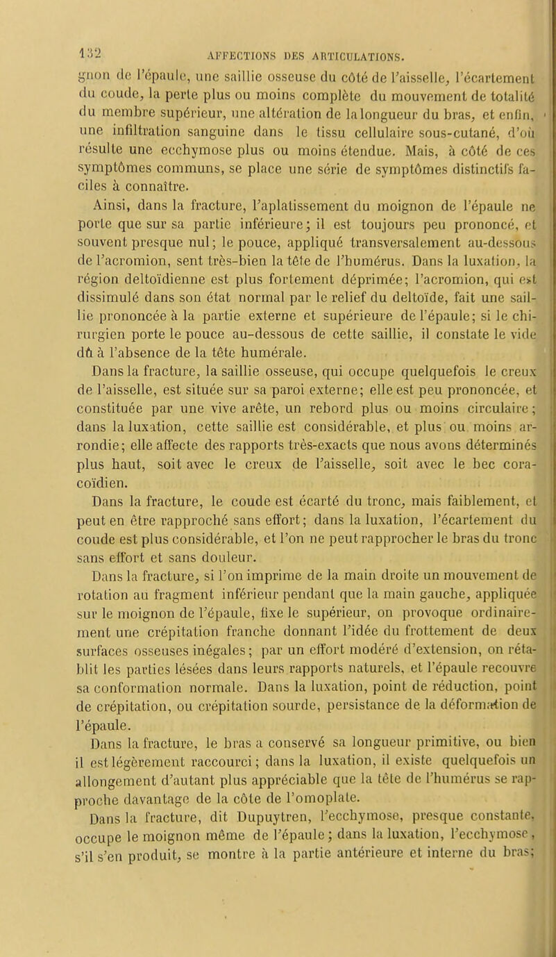 gnon do l'épaule, une saillie osseuse du côté de l'aisselle, l'écartement du coude, la perte plus ou moins complète du mouvement de totalité du membre supérieur, une altération de la longueur du bras, et enfin, • une infiltration sanguine dans le tissu cellulaire sous-cutané, d'où résulte une ecchymose plus ou moins étendue. Mais, à côté de ces symptômes communs, se place une série de symptômes distinctifs fa- ciles à connaître. Ainsi, dans la fracture, l'aplatissement du moignon de l'épaule ne porte que sur sa partie inférieure; il est toujours peu prononcé, et souvent presque nul; le pouce, appliqué transversalement au-dessous de l'acromion, sent très-bien la tête de l'humérus. Dans la luxation, la région deltoïdienne est plus fortement déprimée; l'acromion, qui est. dissimulé dans son état normal par le relief du deltoïde, fait une sail- lie prononcée à la partie externe et supérieure de l'épaule; si le chi- rurgien porte le pouce au-dessous de cette saillie, il constate le vide dû à l'absence de la tête humérale. Dans la fracture, la saillie osseuse, qui occupe quelquefois le creux de l'aisselle, est située sur sa paroi externe; elle est peu prononcée, et constituée par une vive arête, un rebord plus ou moins circulaire ; dans la luxation, cette saillie est considérable, et plus ou moins ar- rondie; elle affecte des rapports très-exacts que nous avons déterminés plus haut, soit avec le creux de l'aisselle, soit avec le bec cora- coïdien. Dans la fracture, le coude est écarté du tronc, mais faiblement. < | peut en être rapproché sans effort; dans la luxation, l'écartement du coude est plus considérable, et l'on ne peut rapprocher le bras du tronc sans effort et sans douleur. Dans la fracture, si l'on imprime de la main droite un mouvement rotation au fragment inférieur pendant que la main gauche, appliquée sur le moignon de l'épaule, fixe le supérieur, on provoque ordinaire- ment une crépitation franche donnant l'idée du frottement de deux surfaces osseuses inégales; par un effort modéré d'extension, on réta- blit les parties lésées dans leurs rapports naturels, et l'épaule recouvre sa conformation normale. Dans la luxation, point de réduction, point de crépitation, ou crépitation sourde, persistance de la déformation de l'épaule. Dans la fracture, le bras a conservé sa longueur primitive, ou bien il est légèrement raccourci; dans la luxation, il existe quelquefois un allongement d'autant plus appréciable que la tête de l'humérus se rap- proche davantage de la côte de l'omoplate. Dans la fracture, dit Dupuytren, l'ecchymose, presque constante, occupe le moignon même de l'épaule; dans La luxation, l'ecchymose, s'il s'en produit, se montre à la partie antérieure et interne du bras;