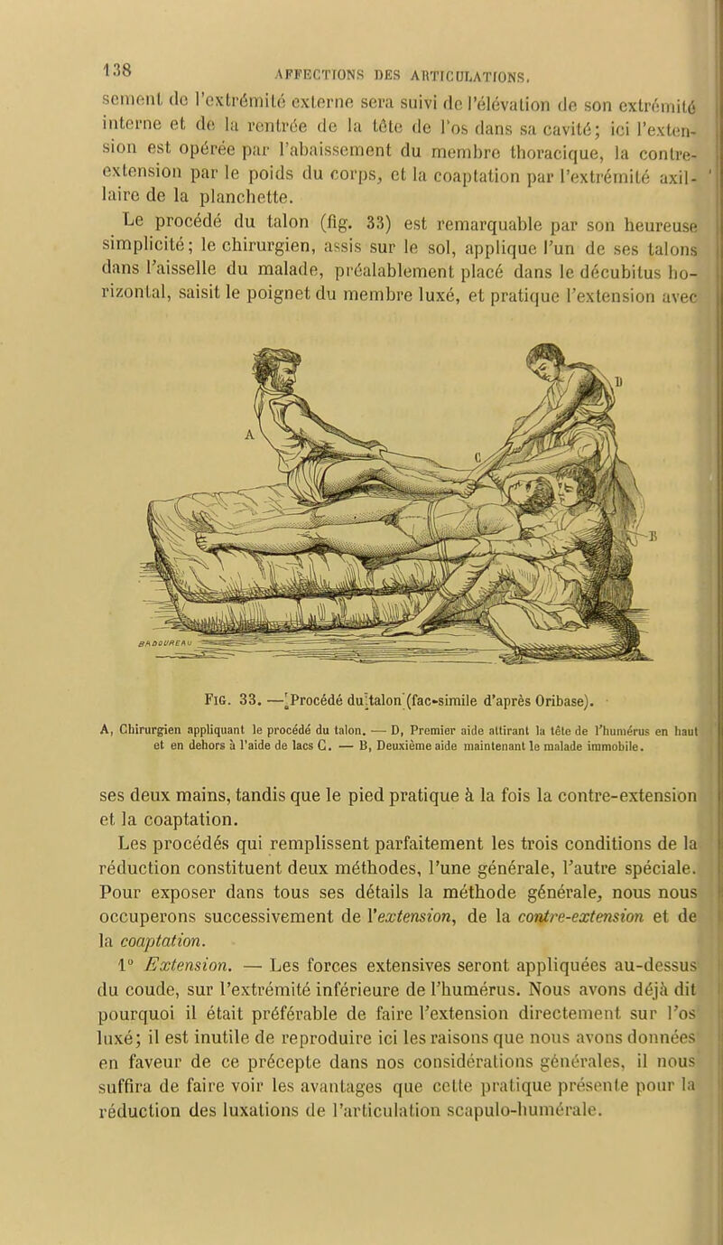 sèment do l'extrémité externe sera suivi de l'élévation de son extrémitl interne et de la rentrée de la tôtc de l'os dans sa cavité; ici l'exten- sion est opérée par l'abaissement du membre thoracique, la contre- extension par le poids du corps, et la coaptation par l'extrémité axil- laire de la planchette. Le procédé du talon (fig. 33) est remarquable par son heureuse simplicité; le chirurgien, assis sur le sol, applique l'un de ses talons dans l'aisselle du malade, préalablement placé dans le décubilus ho- rizontal, saisit le poignet du membre luxé, et pratique l'extension avec Fig. 33. —^Procédé duHalon'(fac-similé d'après Oribase). A, Chirurgien appliquant le procédé du talon. — D, Premier aide attirant la tête de l'humérus en haut et en dehors à l'aide de lacs G. — B, Deuxième aide maintenant le malade immobile. ses deux mains, tandis que le pied pratique à la fois la contre-extension et la coaptation. Les procédés qui remplissent parfaitement les trois conditions de la réduction constituent deux méthodes, l'une générale, l'autre spéciale. Pour exposer dans tous ses détails la méthode générale, nous nous occuperons successivement de l'extension, de la contre-extension et de la coaptation. 1° Extension. — Les forces extensives seront appliquées au-dessus du coude, sur l'extrémité inférieure de l'humérus. Nous avons déjà dit pourquoi il était préférable de faire l'extension directement sur l'os' luxé; il est inutile de reproduire ici les raisons que nous avons données en faveur de ce précepte dans nos considérations générales, il nous suffira de faire voir les avantages que cette pratique présente pour la réduction des luxations de l'articulation scapulo-buméiale.