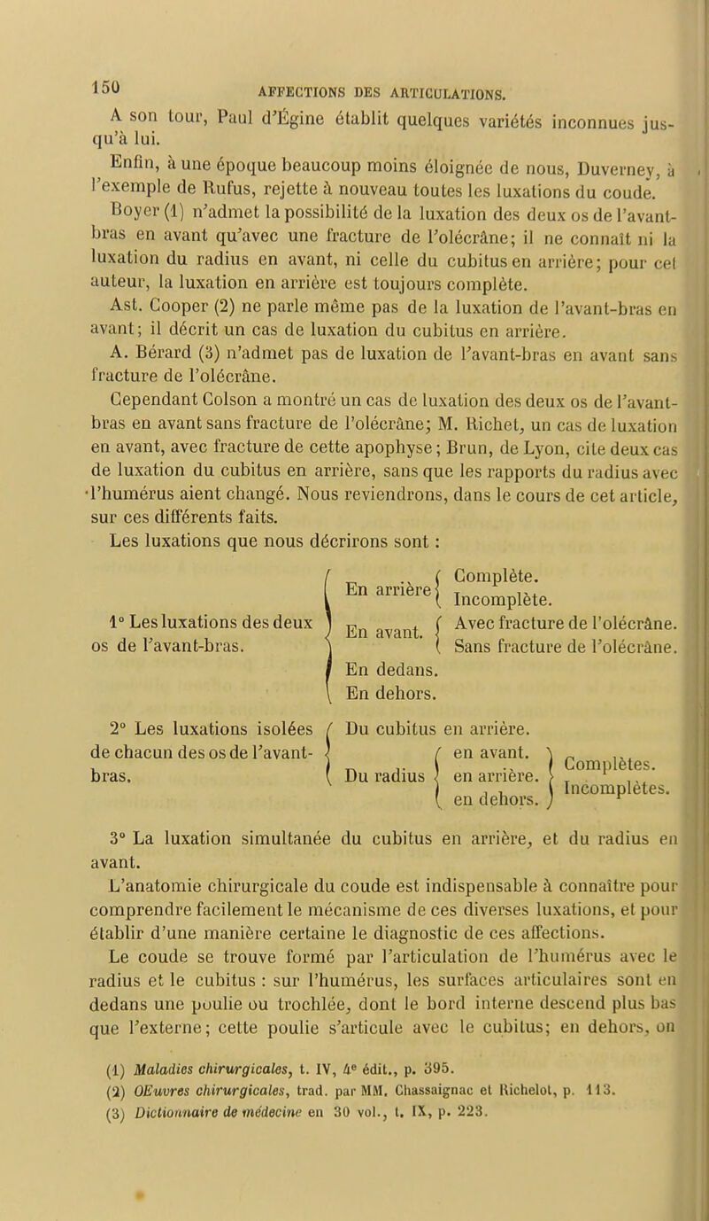 A son tour, Paul d'Égine établit quelques variétés inconnues jus- qu'à lui. Enfin, à une époque beaucoup moins éloignée de nous, Duverney, à l'exemple de Rufus, rejette à nouveau toutes les luxations du coude. Boyer (1) n'admet la possibilité de la luxation des deux os de l'avant- bras en avant qu'avec une fracture de l'olécrâne; il ne connaît ni la luxation du radius en avant, ni celle du cubitus en arrière; pour cet auteur, la luxation en arrière est toujours complète. Ast. Cooper (2) ne parle même pas de la luxation de l'avant-bras en avant; il décrit un cas de luxation du cubitus en arrière. A. Bérard (3) n'admet pas de luxation de l'avant-bras en avant sans fracture de l'olécrâne. Cependant Colson a montré un cas de luxation des deux os de l'avant- bras en avant sans fracture de l'olécrâne; M. Richel, un cas de luxation en avant, avec fracture de cette apophyse ; Brun, de Lyon, cite deux cas de luxation du cubitus en arrière, sans que les rapports du radius avec •l'humérus aient changé. Nous reviendrons, dans le cours de cet article, sur ces différents faits. Les luxations que nous décrirons sont : 1° Les luxations des deux os de l'avant-bras. 2° Les luxations isolées / Du cubitus en arrière, de chacun des os de l'avant- ) f en avant, bras. ' Du radius ) en arrière. ' en dehors. 3° La luxation simultanée du cubitus en arrière, et du radius en avant. L'anatomie chirurgicale du coude est indispensable à connaître pour comprendre facilement le mécanisme de ces diverses luxations, et pour établir d'une manière certaine le diagnostic de ces affections. Le coude se trouve formé par l'articulation de l'humérus avec le radius et le cubitus : sur l'humérus, les surfaces articulaires sont en dedans une poulie ou trochlée, dont le bord interne descend plus bas que l'externe; cette poulie s'articule avec le cubitus; en dehors, on (1) Maladies chirurgicales, t. IV, 4e édit., p. 395. (2) OEuvres chirurgicales, trad. par MM. Cliassaignac et Kichelot, p. 113. (3) Dictionnaire de médecine en 30 vol., I. IX, p. 223. En arrière En avant. En dedans. En dehors. Complète. Incomplète. Avec fracture de l'olécrâne. Sans fracture de l'olécrâne. Complètes. Incomplètes.