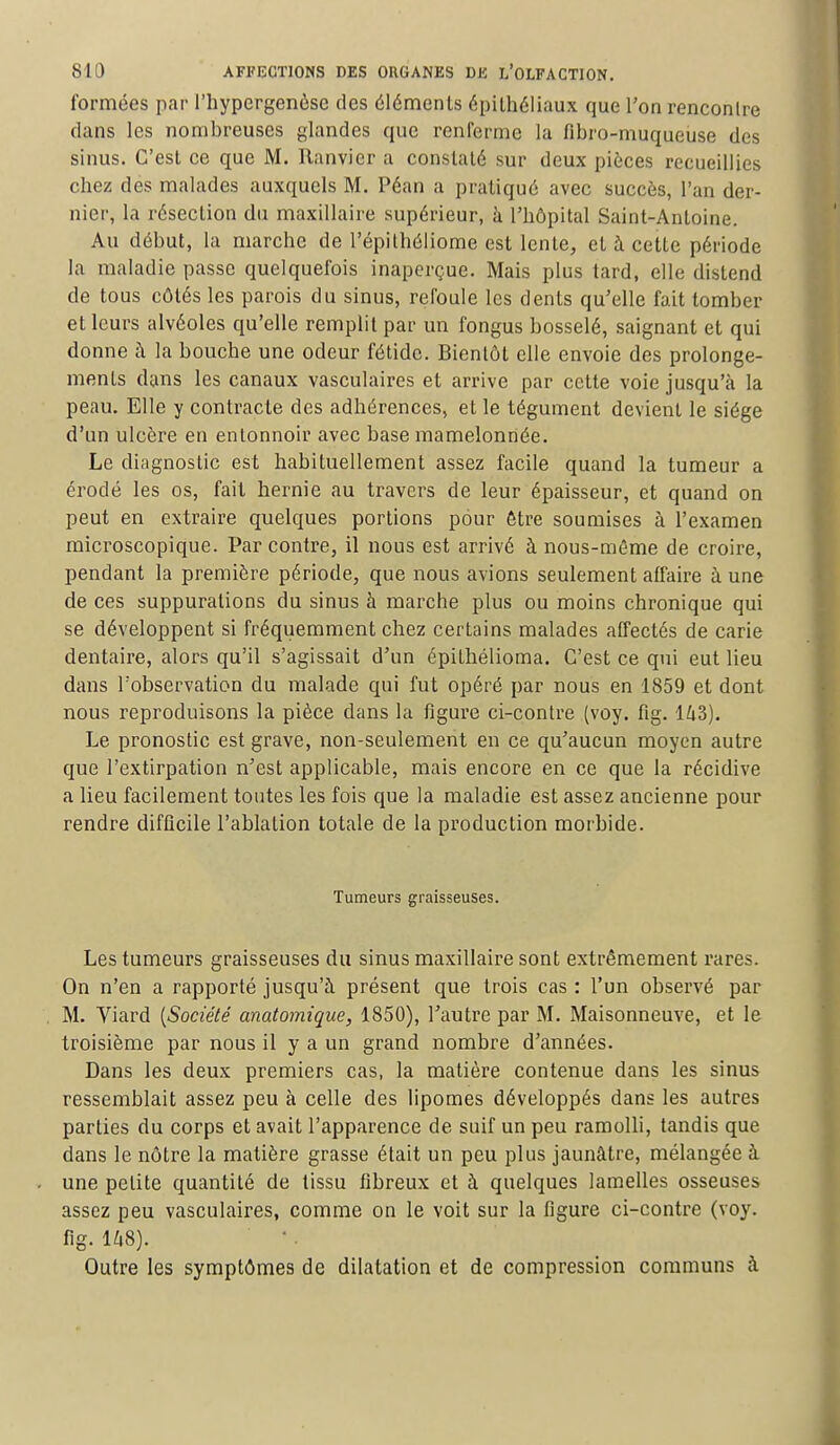 formées par l'hypergenèse des éléments épilhéliaux que l'on renconlre clans les nombreuses glandes que renferme la fibro-muqueuse des sinus. C'est ce que M. llanvicr a constaté sur deux pièces recueillies chez des malades auxquels M. Péan a pratiqué avec succès, l'an der- nier, la résection du maxillaire supérieur, à l'hôpital Saint-Antoine. Au début, la marche de l'épithéliome est lente, et à cette période la maladie passe quelquefois inaperçue. Mais plus tard, elle distend de tous côtés les parois du sinus, refoule les dents qu'elle fait tomber et leurs alvéoles qu'elle remplit par un fongus bosselé, saignant et qui donne à la bouche une odeur fétide. Bientôt elle envoie des prolonge- ments dans les canaux vasculaires et arrive par cette voie jusqu'à la peau. Elle y contracte des adhérences, et le tégument devient le siège d'un ulcère en entonnoir avec base mamelonnée. Le diagnostic est habituellement assez facile quand la tumeur a érodé les os, fait hernie au travers de leur épaisseur, et quand on peut en extraire quelques portions pour être soumises à l'examen microscopique. Par contre, il nous est arrivé à nous-même de croire, pendant la première période, que nous avions seulement affaire à une de ces suppurations du sinus à marche plus ou moins chronique qui se développent si fréquemment chez certains malades affectés de carie dentaire, alors qu'il s'agissait d'un épithélioma. C'est ce qui eut lieu dans l'observation du malade qui fut opéré par nous en 1859 et dont nous reproduisons la pièce dans la figure ci-contre (voy. fig. iU3). Le pronostic est grave, non-seulement en ce qu'aucun moyen autre que l'extirpation n'est applicable, mais encore en ce que la récidive a lieu facilement toutes les fois que la maladie est assez ancienne pour rendre difficile l'ablation totale de la production morbide. Tumeurs graisseuses. Les tumeurs graisseuses du sinus maxillaire sont extrêmement rares. On n'en a rapporté jusqu'à présent que trois cas : l'un observé par M. Viard [Société anatomique, 1850), l'autre par M. Maisonneuve, et le troisième par nous il y a un grand nombre d'années. Dans les deux premiers cas, la matière contenue dans les sinus ressemblait assez peu à celle des lipomes développés dans les autres parties du corps et avait l'apparence de suif un peu ramolli, tandis que dans le nôtre la matière grasse était un peu plus jaunâtre, mélangée à une petite quantité de tissu fibreux et à quelques lamelles osseuses assez peu vasculaires, comme on le voit sur la figure ci-contre (voy. fig. m). Outre les symptômes de dilatation et de compression communs à