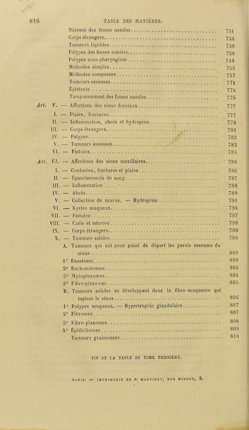 Nécrose des fosses nasales 731 Corps étrangers 734 Tumeurs liquides 73g Polypes des fosses nasales 733 Polypes naso-pharyngiens 749 Méthodes simples 755 Méthodes composées 757 Tumeurs osseuses 771 Épistaxis 774 Tamponnement des fosses nasales 775 Art. V. — Affections des sinus frontaux 777 I. — Plaies, fractures ; . . . 777 II. — Inflammation, abcès et hydropisie 779 III. — Corps étrangers 780 IV. — Polypes jfF.. 782 V. — Tumeurs osseuses 783 VI. — Fistules 785 Art. VI. — Affections des sinus maxillaires ' 786 I. — Contusion, fractures et plaies 780 II. — Épanchements de sang 787 III. — Inflammation ■ 788 IV. — Abcès 789 V. — Collection de mucus. — Hydropisie 791 VI. — Kystes muqueux 794 VII. — Fistules 797 VIII. — Carie et nécrose 798 IX. — Corps étrangers 799 X. — Tumeurs solides 799 A. Tumeurs qui ont pour point de départ les parois osseuses du sinus 800 1° Exostoses , 800 2° Enchondromes 803 3° Myéoplaxomes 801 4° Fibro-plaxomes 805 B. Tumeurs solides se développant dans la fibro-muqueuse qui tapisse le sinus 806 1° Polypes muqueux. —Hypertrophie glandulaire 807 2° Fibromes 807 3° Fibro-plaxomes 808 à0 Épithéliomes 809 Tumeurs graisseuses 810 FIN DE LA TABLE DU TOME TROISIÈME. F A n 13. — IMrlWSIEIUE DE K. MARTINET, HUE UIGItOH,,