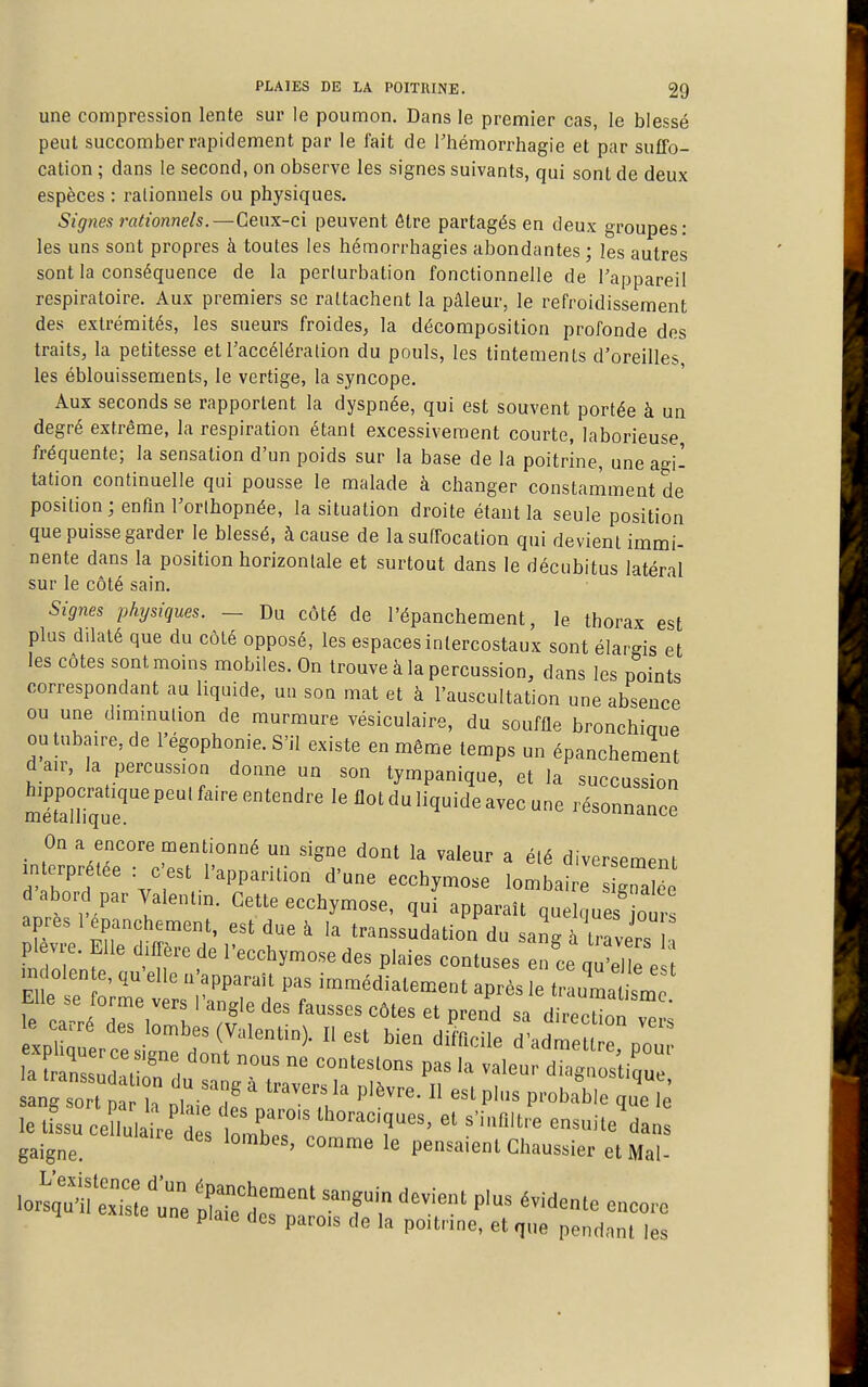 une compression lente sur le poumon. Dans le premier cas, le blessé peut succomber rapidement par le fait de Thémorrhagie et par suffo- cation ; dans le second, on observe les signes suivants, qui sont de deux espèces : rationnels ou physiques. Signes rationnels.—Ceux-ci peuvent être partagés en deux groupes: les uns sont propres à toutes les hémorrhagies abondantes ; les autres sont la conséquence de la perturbation fonctionnelle de l'appareil respiratoire. Aux premiers se rattachent la pâleur, le refroidissement des extrémités, les sueurs froides, la décomposition profonde dos traits, la petitesse et l'accélération du pouls, les tintements d'oreilles les éblouissements, le vertige, la syncope. Aux seconds se rapportent la dyspnée, qui est souvent portée à un degré extrême, la respiration étant excessivement courte, laborieuse fréquente; la sensation d'un poids sur la base de la poitrine, une agi- tation continuelle qui pousse le malade à changer constamment de position ; enfin l'orthopnée, la situation droite étant la seule position que puisse garder le blessé, à cause de la suffocation qui devient immi- nente dans la position horizontale et surtout dans le décubitus latéral sur le côté sain. Signes physiques. — Du côté de l'épanchement, le thorax est plus dilaté que du côté opposé, les espaces intercostaux sont élargis et les côtes sont moins mobiles. On trouve à la percussion, dans les points correspondant au liquide, uu son mat et à l'auscultation une absence ou une dimmution de murmure vésiculaire, du souffle bronchiaue outubaire,de l'égophonie. S'il existe en même temps un épanchement d au^ la percussion donne un son tympanique, et la succussion Marque'''tlot du liquide avec une résonnance _ On a encore mentionné un signe dont la valeur a été diversement interprétée : c'est l'apparition d'une ecchymose lombai e ' a ée d'abord par Valentin. Cette ecchymose, quî apparaît qu uef ot après 1 épanchement, est due à la transsudation du sangàtavers plèvre. Elle d.ffère de l'ecchymose des plaies contuses en ce qui] e e gaigne. '^^ P^^^'^i^^ Chaussier et Mal- plaie des parois de la poitrine, et que pendant les