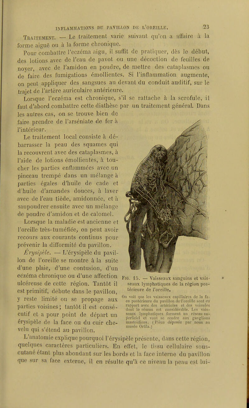 Trmtement. — Le traitement varie suivant qu'on a ulï'airo à la forme aiguô ou à la forme chronique. Pour combattre l'eczéma aigu, il suffît de pratiquer, dès le début, des lotions avec de l'eau de pavot ou une décoction de feuilles de noyer, avec de Tamidon en poudre, de mettre des cataplasmes ou de faire des fumigations émollicntes. Si l'inflammation augmente, on peut appliquer des sangsues au devant du conduit auditif, sur le trajet de l'artère auriculaire antérieure. Lorsque l'eczéma est chronique, s'il se rattache à la scrofule, il faut d'abord combattre cette diathèsc par un traitement général. Dans les auli'es cas, on se trouve bien de faire prendre de l'arséniate de fer à l'intérieur. Le traitement local consiste à dé- barrasser la peau des squames qui la recouvrent avec des cataplasmes, h l'aide de lotions émollicntes, à tou- cher les parties enflammées avec un pinceau trempé dans un mélange à parties égales d'huile de cade et d'huile d'amandes douces, à laver avec de l'eau tiède, amidonnée, et à saupoudrer ensuite avec un mélange de poudre d'amidon et de calomel. Lorsque la maladie est ancienne et l'oreille très-tuméflée, on peut avoir recours aux courants continus pour prévenir la difformité du pavillon. Erysipèle. — L'érysipèle du pavil- lon de l'oreille se montre à la suite d'une plaie, d'une contusion, d'un eczéma chronique ou d'une affection ,|5 ulcéreuse de cette région. Tantôt il est primitif, débute dans le pavillon, y reste limité ou se propage aux parties voisines ; tantôt il est consé- cutif et a pour point de départ un érysipèle de la face ou du cuir che- velu qui s'étend au pavillon. L'analomie explique pourquoi l'érysipèle présente, dans cette région, quelques caractères particuliers. En elfet, le tissu cellulaire sous- cutané étant plus abondant sur les bords et la face interne du pavillon que sur sa face externe, il en résulte qu':\ ce niveau la peau est lui- Vaissca\ix sanguins et vais- seaux lymphatiques de la région pos- térieure de l'oreille. On voit que les vaisseaux capillaires do la Ta- co posloneurc il» pavillon do l'orcillo sont rn rapport avec ilos arloriolcs et des velnulos dont lo réseau est considérable. Les vais- seaux lyniphalifpios tonnent un réseau su- perficiel et vont se rendre aux ganglions ninstoidiens. ( l'ièco déposée par nous an nuiséo Orfda.)