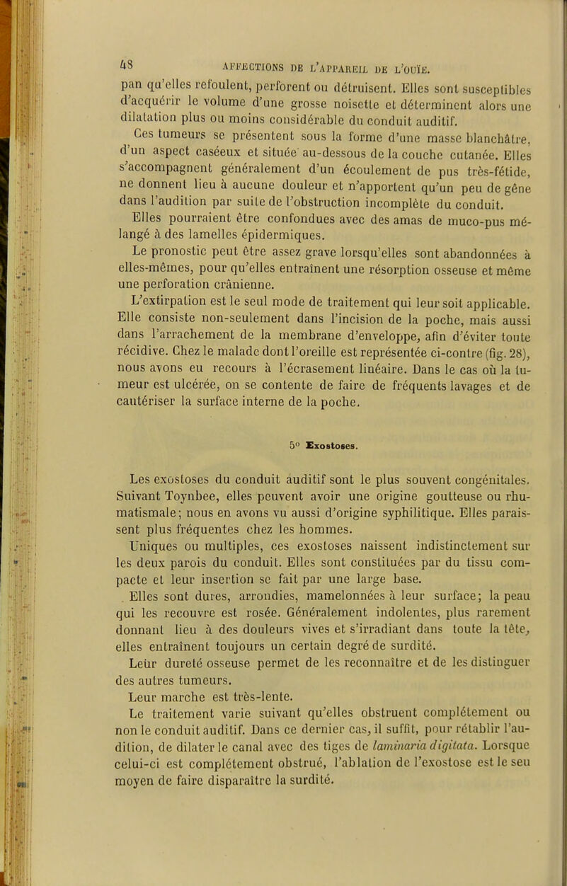 pan qu'elles refoulent, perforent ou détruisent. Elles sont susceptibles d^acquérir le volume d'une grosse noisette et déterminent alors une dilatation plus ou moins considérable du conduit auditif. Ces tumeurs se présentent sous la forme d'une masse blanchâtre, d'un a.spect caséeux et située au-dessous de la couche cutanée. Elles s'accompagnent généralement d'un écoulement de pus très-fétide, ne donnent lieu à aucune douleur et n'apportent qu'un peu de gène dans l'audition par suite de l'obstruction incomplète du conduit. Elles pourraient être confondues avec des amas de muco-pus mé- langé à des lamelles épidermiques. Le pronostic peut être assez grave lorsqu'elles sont abandonnées à elles-mêmes, pour qu'elles entraînent une résorption osseuse et môme une perforation crânienne. L'extirpation est le seul mode de traitement qui leur soit applicable. Elle consiste non-seulement dans l'incision de la poche, mais aussi dans l'arrachement de la membrane d'enveloppe, afm d'éviter tonte récidive. Chez le malade dont l'oreille est représentée ci-contre (fig. 28), nous avons eu recours à l'écrasement linéaire. Dans le cas oii la tu- meur est ulcérée, on se contente de faire de fréquents lavages et de cautériser la surface interne de la poche, 5° Exostoses. Les exùstoses du conduit auditif sont le plus souvent congénitales. Suivant Toynbee, elles peuvent avoir une origine goutteuse ou rhu- matismale; nous en avons vu aussi d'origine syphilitique. Elles parais- sent plus fréquentes chez les hommes. Uniques ou multiples, ces exostoses naissent indistinctement sur les deux parois du conduit. Elles sont constituées par du tissu com- pacte et leur insertion se fait par une large base. Elles sont dures, arrondies, mamelonnées à leur surface; la peau qui les recouvre est rosée. Généralement indolentes, plus rarement donnant lieu à des douleurs vives et s'irradiant dans toute la tête, elles entraînent toujours un certain degré de surdité. Leur dureté osseuse permet de les reconnaître et de les distinguer des autres tumeurs. Leur marche est très-lente. Le traitement varie suivant qu'elles obstruent complètement ou non le conduit auditif. Dans ce dernier cas, il suffit, pour rétablir l'au- dition, de dilater le canal avec des tiges de laminariadigitata. Lorsque celui-ci est complètement obstrué, l'ablation de l'exostose estleseu moyen de faire disparaître la surdité.