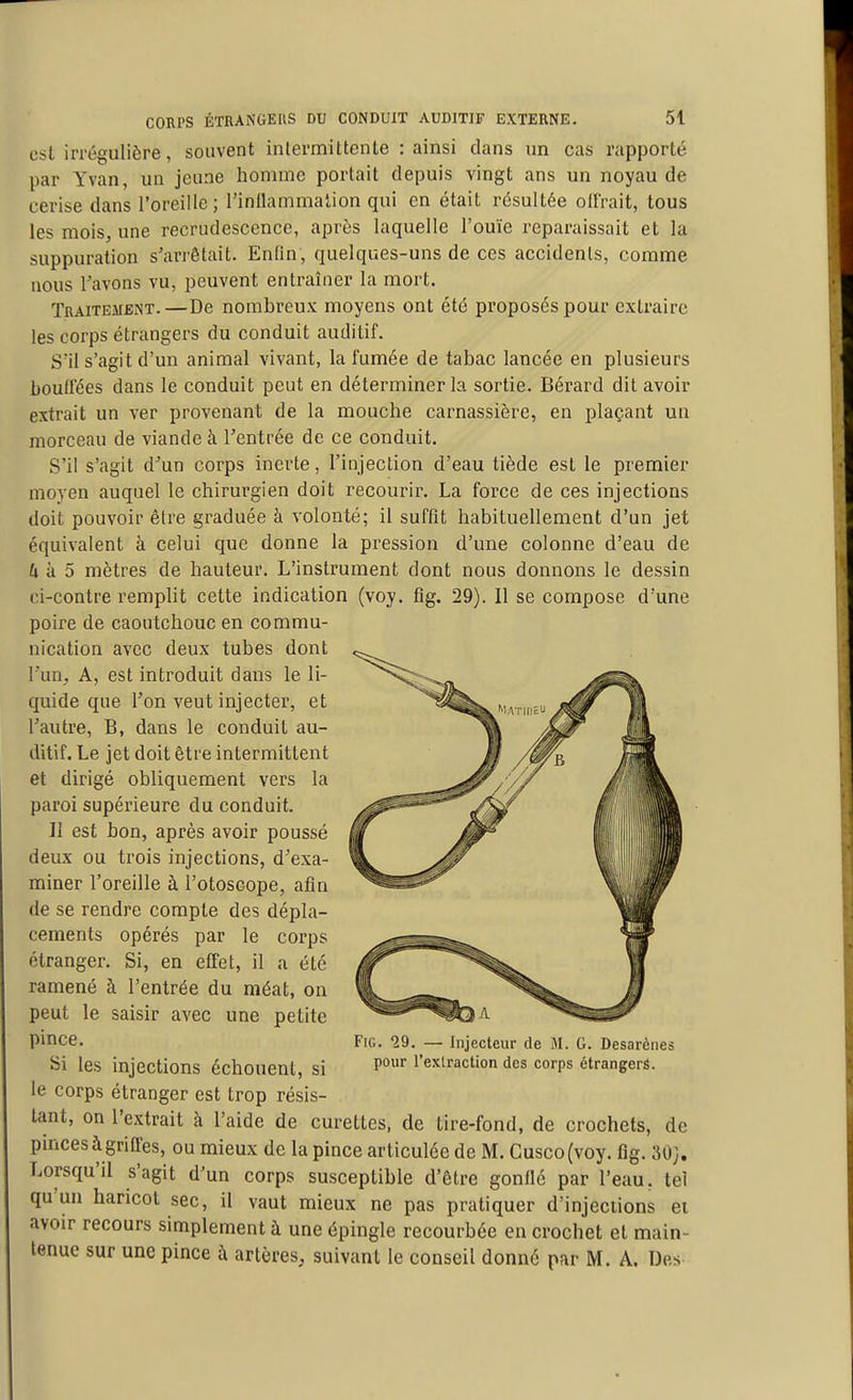 est irrégulière, souvent intermittente : ainsi dans un cas rapporté par Yvan, un jeune homme portait depuis vingt ans un noyau de cerise dans l'oreille; rinllammalion qui en était résultée oflVait, tous les mois, une recrudescence, après laquelle l'ouïe reparaissait et la suppuration s'arrêtait. Enfin, quelques-uns de ces accidents, comme nous l'avons vu, peuvent entraîner la mort. Traitement.—De nombreux moyens ont été proposés pour extraire les corps étrangers du conduit auditif. Sil s'agit d'un animal vivant, la fumée de tabac lancée en plusieurs bouffées dans le conduit peut en déterminer la sortie. Bérard dit avoir extrait un ver provenant de la mouche carnassière, en plaçant un morceau de viande à l'entrée de ce conduit. S'il s'agit d'un corps inerte, l'injection d'eau tiède est le premier moyen auquel le chirurgien doit recourir. La force de ces injections doit pouvoir être graduée h volonté; il suffit habituellement d'un jet équivalent à celui que donne la pression d'une colonne d'eau de U 'd 5 mètres de hauteur. L'instrument dont nous donnons le dessin ci-contre remplit cette indication (voy. fig. 29). Il se compose d'une poire de caoutchouc en commu- nication avec deux tubes dont l'un, A, est introduit dans le li- quide que l'on veut injecter, et l'autre, B, dans le conduit au- ditif. Le jet doit être intermittent et dirigé obliquement vers la paroi supérieure du conduit. Il est bon, après avoir poussé deux ou trois injections, d'exa- miner l'oreille à l'otoscope, afin de se rendre compte des dépla- cements opérés par le corps étranger. Si, en effet, il a été ramené à l'entrée du méat, on peut le saisir avec une petite pince. Fig. 29. — Injecteur de M. G. Desarènes Si les injections échouent, si pour l'exlraction des corps étrangers, le corps étranger est trop résis- tant, on l'extrait à l'aide de curettes, de tire-fond, de crochets, de pinces à grilTes, ou mieux de la pince articulée de M. Cusco(voy. fig. 30;. Lorsqu'il s'agit d'un corps susceptible d'être gonflé par l'eau, tel qu'un haricot sec, il vaut mieux ne pas pratiquer d'injections ei avoir recours simplement à une épingle recourbée en crochet et main- tenue sur une pince à artères, suivant le conseil donné par M. A. Des