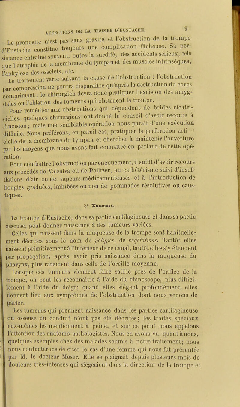 AFFECTIONS DE LA TROMPE D'KUSTACHE. 9 Le pronostic n'est pas sans gravité et l'obstruction de la trompe d'Eustache constitue toujours une complication fâcheuse. Sa per- sistance entraîne souvent, outre la surdité, des accidents seneux, tels que l'atrophie de la membrane du tympan et des muscles intrinsèques, l'ankylose des osselets, etc. , , , v i < r Le traitement varie suivant la cause de l'obstruction : 1 obstruction nar compression ne pourra disparaître qu'après la destruction du corps comprimant ; le chirurgien devra donc pratiquer l'excision des arayg- dales ou l'ablation des tumeurs qui obstruent la trompe. Pour remédier aux obstructions qui dépendent de brides cicatri- cielles, quelques chirurgiens ont donné le conseil d'avoir recours à l'incision; mais une semblable opération nous paraît d'une exécutiou difficile. Nous préférons, en pareil cas, pratiquer la perforation arti cielle de la membrane du tympan et chercher à maintenir l'ouverture par les moyens que nous avons fait connaître en parlant de cette opé- ration. Pour combattre l'obstruction par engouement, il suffit d'avoir recours aux procédés de Valsalva ou de Politzer, au cathétérisme suivi d'insuf- flations d'air ou de vapeurs médicamenteuses et à l'introduction de bougies graduées, imbibées ou non de pommades résolutives ou caus- tiques. 30 Tumeurs. La trompe d'Eustache, dans sa partie cartilagineuse et dans sa partie osseuse, peut donner naissance à des tumeurs variées. Celles qui naissent dans la muqueuse de la trompe sont habituelle- ment décrites sous le nom de polypes, de végétations. Tantôt elles naissent primitivement à l'intérieur de ce canal, tantôt elles s'y étendent par propagation, après avoir pris naissance dans la muqueuse du pharynx, plus rarement dans celle de l'oreille moyenne. Lorsque ces tumeurs viennent faire saillie près de l'orifice de la trompe, on peut les reconnaître à l'aide du rhinoscope, plus diffici- lement à l'aide du doigt; quand elles siègent profondément, elles donnent lieu aux symptômes de l'obstruction dont nous venons de parler. Les tumeurs qui prennent naissance dans les parties cartilagineuse ou osseuse du conduit n'ont pas été décrites; les traités spéciaux eux-mêmes les mentionnent à peine, et sur Ce point nous appelons l'attention des anatomo-pathologistes. Nous en avons vu, quant ;\ nous, quelques exemples chez des malades soumis à notre traitement; nous nous contenterons de citer le cas d'une femme qui nous fut présentée par M. le docteur Moser. Elle se plaignait depuis plusieurs mois de douleurs très-intenses qui siégeaient dans la direction de la trompe et