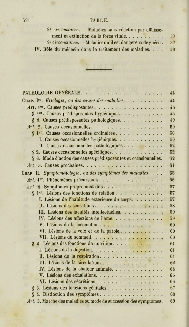 8e circonstance. — Maladies sans réaction par affaisse- ment et extinction de la force vitale 37 9e circonstance. — Maladies qu’il est dangereux de guérir. 37 IV. Rôle du médecin dans le traitement des maladies. ... 38 PATHOLOGIE GÉNÉRALE 44 Chap. Ier. Étiologie, ou des causes des maladies 44 Art. 1er. Causes prédisposantes 45 § 1er. Causes prédisposantes hygiéniques 45 § 2. Causes prédisposantes pathologiques 49 Art. 2. Causes occasionnelles 50 § 1er. Causes occasionnelles ordinaires 50 I. Causes occasionnelles hygiéniques 50 II. Causes occasionnelles pathologiques 52 § 2. Causes occasionnelles spécifiques 52 § 3. Mode d’action des causes prédisposantes et occasionnelles. 52 Art. 3. Causes prochaines 54 Chap. II. Symptomatologie, ou des symptômes des maladies. ... 55 Art. 4er. Phénomènes précurseurs 56 Art. 2. Symptômes proprement dits 57 § 1er. Lésions des fonctions de relation 57 I. Lésions de l’habitude extérieure du corps 57 II. Lésions des sensations 58 III. Lésions des facultés intellectuelles 59 IV. Lésions des affections de l’âme 59 V. Lésions de la locomotion 60 VI. Lésions de la voix et de la parole 60 VII. Lésions du sommeil 60 § 2. Lésions des fonctions de nutrition 61 I. Lésions de la digestion 61 II. Lésions de la respiration 61 III. Lésions de la circulation 62 IV. Lésions de la chaleur animale 64 V. Lésions des exhalations 65 VI. Lésions des sécrétions 66 § 3. Lésions des fonctions génitales 67 § 4. Distinction des symptômes 68