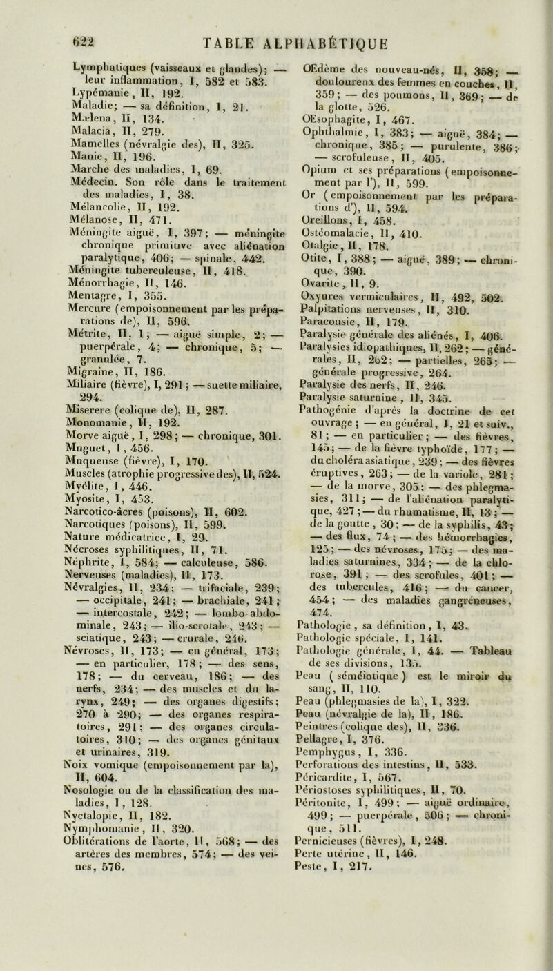 Lymphatiques (vaisseaux et glandes); — leur inflammation, I, 582 et 583. Lypémanie, II, 192. Maladie; —sa définition, I, 21. Mælena, II, 134. Malacia, II, 279. Mamelles (névralgie des), II, 325. Manie, II, 196. Marche des maladies, I, 69. Médecin. Son rôle dans le traitement des maladies, I, 38. Mélancolie, II, 192. Mélanose, II, 471. Méningite aiguë, I, 397; — méningite chronique primitive avec alienation paralytique, 406; — spinale, 442. Méningite tuberculeuse, II, 418. Ménorrhagie, II, 146. Mentagre, 1, 355. Mercure (empoisonnement par les prépa- rations de), II, 596. Métrite, II, 1; — aiguë simple, 2; — puerpérale, 4; — chronique, 5; — granulée, 7. Migraine, II, 186. Miliaire (fièvre), I, 291 ; —suette miliaire, 294. Miserere (colique de), II, 287. Monomanie, II, 192. Morve aiguë , 1. 298 ; — chronique, 301. Muguet, 1,456. Muqueuse (fièvre), I, 170. Muscles (atrophie progressive des), II, 524. Myélite, 1, 446. Myosite, I, 453. Narcotico-âcres (poisons), II, 602. Narcotiques (poisons), II, 599. Nature médicatrice, I, 29. Nécroses syphilitiques, II, 71. Néphrite, 1, 584; —calculeuse, 586. Nerveuses (maladies), II, 173. Névralgies, II, 234; — trifaciale, 239; — occipitale, 241; — brachiale, 241 ; — intercostale, 242; — lombo abdo- minale, 243;— ilio-scrolale, 243; — sciatique, 243; —crurale, 246. Névroses, II, 173; — en général, 173; — en particulier, 178; — des sens, 178; — du cerveau, 186; — des nerfs, 234; — des muscles et du la- rynx, 249; — des organes digestifs; 270 à 290; — des organes respira- toires, 291; — des organes circula- toires, 310; — des organes génitaux et urinaires, 319. Noix vomique (empoisonnement par la), II, 604. Nosologie ou de la classification des ma- ladies , 1 , 128. Nyctalopie, II, 182. Nymphomanie, II, 320. Oblitérations de l’aorte, 11, 568; — des artères des membres, 574; — des vei- nes, 576. OEdème des nouveau-nés, II, 358; douloureux des femmes en couches , 11 359; — des poumons, II, 359; — dé la glotte, 526. OEsophagite, I, 467. Ophthalmie, I, 383; — aiguë, 384; —- chronique, 385; — purulente, 386; — scrofuleuse, II, 405. Opium et ses préparations (empoisonne- ment par 1’), II, 599. Or (empoisonnement par les prépara- tions d’), II, 594. Oreillons, I, 458. Ostéomalacie, II, 410. Otalgie , II, 178. Otite, I, 388; — aiguë, 389; — chroni- que, 390. Ovarite ,11,9. Oxyures vermiculaires, II, 492, 502. Palpitations nerveuses, II, 310. Paracousie, II, 179. Paralysie générale des aliénés, I, 406. Paralysies idiopathiques, 11, 262 ; — géné- rales, II, 262; — partielles, 265; — générale progressive, 264. Paralysie des nerfs, II, 246. Paralysie saturnine, II, 345. Pathogénie d’après la doctrine de cet ouvrage; —en général, I, 21 etsuiv., 81; — en particulier; — des fièvres, 145; — de la fièvre typhoïde, 177 ; — du choléra asiatique, 239; — des fièvres éruptives, 263; — de la variole, 281 ; — de la morve, 305; — des phlegma- sies, 311; —— de l’aliénation paralyti- que, 427 ; — du rhumatisme, II, 13 ; — de la goutte , 30; — de la syphilis, 43; — des flux, 74 ; — des hémorrhagies, 125; — des névroses, 175; — des ma- ladies saturnines, 334; — de la chlo- rose, 391 ; — des scrofules, 401 ; — des tubercules, 416; — du cancer, 454 ; — des maladies gangréneuses, 47:4. Pathologie, sa définition, I, 43. Pathologie spéciale, I, 141. Pathologie générale, 1, 44. — Tableau de ses divisions, 135. Peau ( séméiotique ) est le miroir du sang, II, 110. Peau (phlegmasies de la), I, 322. Peau (névralgie de la), II, 186. Peintres (colique des), 11, 336. Pellagre, I, 376. Pemphygus, I, 336. Perforations des intestins, 11, 533. Péricardite, I, 567. Périostoses syphilitiques, II, 70. Péritonite, I, 499; — aiguë ordinaire, 499 ; — puerpérale , 506 ; — chroni- que , 511. Pernicieuses (fièvres), I, 248. Perte utérine, II, 146. Peste, 1, 217.