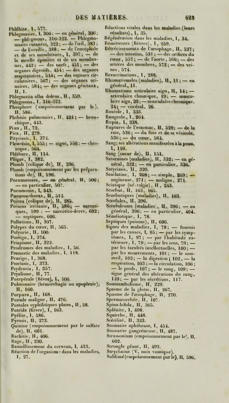 Phlébite, I, 577. Phlegmasies, 1, 30li ; — en général, 306; — phlegmons, 316-322. — Phlcgraa- masies cutanées, 322 ; — de l’œil, 383 ; — tle l'oreille, 388 ; — de l’encéphale et de ses membranes, 1, 397; — de la moelle épinière et de ses membra- nes, 442; — des nerfs, 451; — des organes digestifs, 454: — des organes respiratoires, 514; — des organes cir- culatoires, 567; — des organes uri- naires, 584; — des organes génitaux, II, 1. Phlegmalia alba dolens , U , 359. Phlegmons, I, 316-322. Phosphore (empoisonnement par le), II, 586. Phthisie pulmonaire. II, 424; — bron- chique , 443. Pian , II, 72. Pica, II, 279. Pityriasis, I, 374. Pleurésie, I, 555 ; — aiguë, 556 ; — chro- nique , 564. Pléthore, II, 114. Plique, I, 382. Plomb (colique de), II, 336. Plomb (empoisonnement par les prépara- tions de), II, 596. Pneumatoses, — en général. 11, 506; — en particulier, 507. Pneumonie, I, 543. Pneumo-thorax, 11, 512. Poitou (colique de). II, 285. Poisons irritants, II, 586; — narcoti- ques, 599 : — narcotico-âcres, 602; — septiques, 606. Pollutions, II, 107. Polypes du cœur, II, 565. Polyurie , II, 100. Porrigo, I, 374. Priapisme, II, 322. Prodromes des maladies, 1, 56. Pronostic des maladies, I. 118. Prurigo , 1, 368. Psoriasis, I, 373. Psydrocia, I, 357. Ptyalisme, II, 77. Puerpérale (fièvre), I, 506. Pulmonaire (hémorrhagie ou apoplexie), II, 160. Purpura, II, 168. Pustule maligne, II, 476. Pustules syphilitiques plates, Il, 58. Putride (fièvre), I, 163. Pyélite, 1, 586. Pyrosis, II, 273. Quinine (empoisonnement par le sulfate de), II, 601. Rachitis , II, 406. Rage, II , 230. Ramollissement du cerveau, I, 433, Réaction de l’organisma dans les maladies, 1, 27. Réactions vitales dans les maladies (leurs résultats), 1, 35. Régénération dans les maladies, 1, 34. Rémittentes (fièvres), I, 259. Rétrécissements de l’œsophage, II, 527; — des intestins, 531 ; — des orifices du cœur, 557 ; — de l’aorte , 566 ; — des artères des membres, 572; — des vei- nes , 574. Revaccinalions, 1, 288. Rhumatismales (maladies), II, Il ; — en général, 11. Rhumatisme articulaire aigu, II, 14; — articulaire chronique, 19; — muscu- laire aigu, 20 ; — musculaire chronique, 24; — viscéral, 26. Roséole , I, 333. Rougeole , 1,264. Rupia, I, 338. Ruptures de l’estomac, II, 529; — de la rate, 536 ; — du foie et de sa vésicule, 536; -— du cœur, 564. Sang; ses altérations manifestées à la peau, I, I10. Sang (sueur de), II, 151. Saturnines (maladies), II, 332; — en gé- néral, 332; — en particulier, 336. Satyriasis, II, 320. Scarlatine, I, 268; — simple, 269; — angineuse, 271; — maligne, 271. Sciatique (névralgie), II, 243. Scorbut, II, 103, 165. Scorbutiques (maladies), II, 163. Scrofules, II, 396. Scrofuleuses (maladies), II, 396; —•- en général, 396; — en particulier, 404. Séméiotique, I, 78. Septiques (poisons), II, 606. Signes des maladies, I, 78; — fournis par les causes, I, 95 ; — par les symp- tômes, I, 97; — par l’habitude ex- térieure, I, 79;—par les sens, 79; — par les facultés intellectuelles, 100; — par les mouvements, 101 ; — le som- meil, 102; — la digestion; 102, — la respiration, 103; — la circulation, 106; — le pouls, 107 ; — le sang, 109; — signe général des altérations du sang, 110; — par les sécrétions, 117. Somnambulisme, II, 229. Spasme de la glotte, II, 267. Spasme de l’œsophage, 11, 270. Spermatorrhée, II, 107. Spina-bifida, II, 365. Splénile, I, 498. Squirrhe, II, 448. Stérilité, II, 323. Stomatite aphlheuse, I, 454. Stomatite gangréneuse, II, 487. Stramonium (empoisonnement par le\ II, 602. Slrongle géant, II, 493. Strychnine (V. noix vomique). Snblimé(empoi$onnement par le), II, 596.