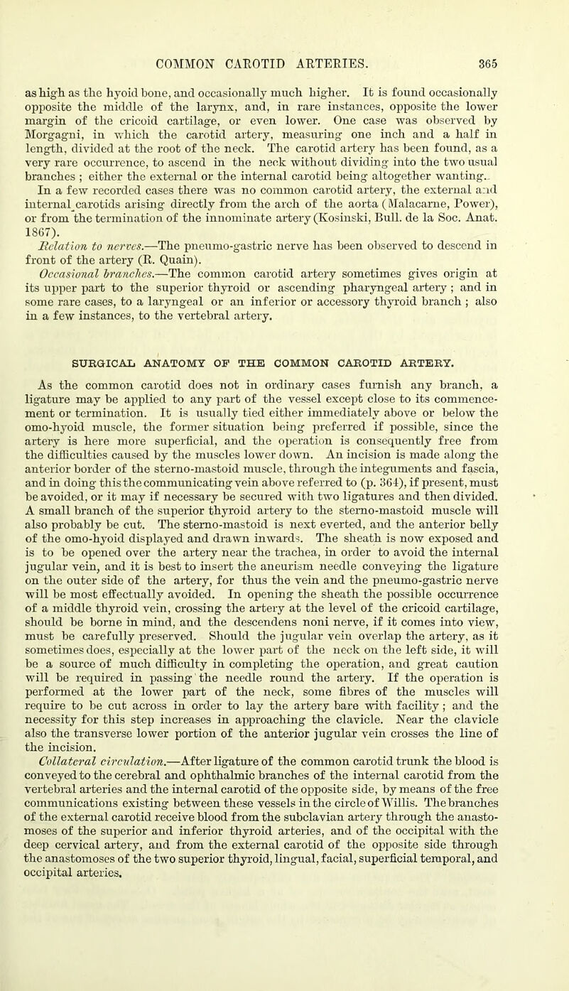 as high as the hyoid bone, and occasionally much higher. It is found occasionally opposite the middle of the larynx, and, in rare instances, opposite the lower margin of the cricoid cartilage, or even lower. One case was observed by Morgagni, in which the carotid artery, measuring one inch and a half in length, divided at the root of the neck. The carotid artery has been found, as a very rare occurrence, to ascend in the neck without dividing into the two usual branches ; either the external or the internal carotid being altogether wanting.. In a few recorded cases there was no common carotid artery, the external and internal^carotids arising directly from the arch of the aorta (Malacame, Power), or from the termination of the innominate artery (Kosinski, Bull, de la Soc. Anat. 1867). Relation to nerves.—The pneumo-gastric nerve has been observed to descend in front of the artery (R. Quain). Occasional branches.—The common carotid artery sometimes gives origin at its upper part to the superior thyroid or ascending pharyngeal artery ; and in some rare cases, to a laryngeal or an inferior or accessory thyroid branch ; also in a few instances, to the vertebral artery. SURGICAL ANATOMY OF THE COMMON CAROTID ARTERY. As the common carotid does not in ordinary cases furnish any branch, a ligature may be applied to any part of the vessel except close to its commence- ment or termination. It is usually tied either immediately above or below the omo-hyoid muscle, the former situation being preferred if possible, since the artery is here more superficial, and the operation is consequently free from the difficulties caused by the muscles lower down. An incision is made along the anterior border of the sterno-mastoid muscle, through the integuments and fascia, and in doing this the communicating vein above referred to (p. 364), if present, must be avoided, or it may if necessary be secured with two ligatures and then divided. A small branch of the superior thyroid artery to the sterno-mastoid muscle will also probably be cut. The sterno-mastoid is next everted, and the anterior belly of the omo-hyoid displayed and drawn inwards. The sheath is now exposed and is to be opened over the artery near the trachea, in order to avoid the internal jugular vein, and it is best to insert the aneurism needle conveying the ligature on the outer side of the artery, for thus the vein and the pneumo-gastric nerve will be most effectually avoided. In opening the sheath the possible occurrence of a middle thyroid vein, crossing the artery at the level of the cricoid cartilage, should be borne in mind, and the descendens noni nerve, if it comes into view, must be carefully preserved. Should the jugular vein overlap the artery, as it sometimes does, especially at the lower part of the neck on the left side, it will be a source of much difficulty in completing the operation, and great caution will be required in passing the needle round the artery. If the operation is performed at the lower part of the neck, some fibres of the muscles will require to be cut across in order to lay the artery bare with facility; and the necessity for this step increases in approaching the clavicle. Near the clavicle also the transverse lower portion of the anterior jugular vein crosses the line of the incision. Collateral circulation.—After ligature of the common carotid trunk the blood is conveyed to the cerebral and ophthalmic branches of the internal carotid from the vertebral arteries and the internal carotid of the opposite side, by means of the free communications existing between these vessels in the circle of Willis. The branches of the external carotid receive blood from the subclavian artery through the anasto- moses of the superior and inferior thyroid arteries, and of the occipital with the deep cervical artery, and from the external carotid of the opposite side through the anastomoses of the two superior thyroid, lingual, facial, superficial temporal, and occipital arteries.