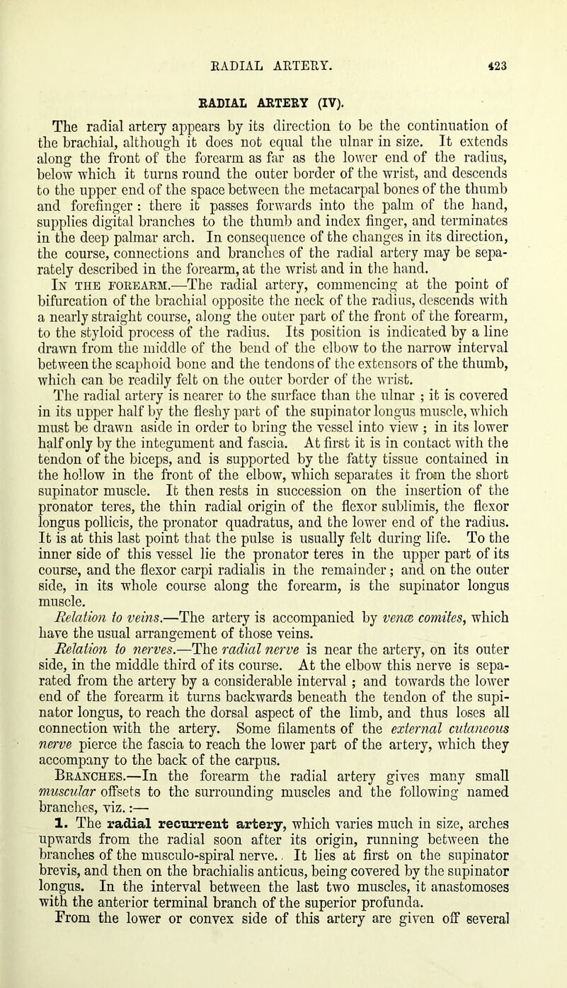EADIAL ARTERY (IV). The radial artery appears by its direction, to be the continuation of the brachial, although it does not equal the ulnar in size. It extends along the front of the forearm as far as the lower end of the radius, below which it turns round the outer border of the wrist, and descends to the upper end of the space between the metacarpal bones of the thumb and forefinger: there it passes forwards into the palm of the hand, supplies digital branches to the thumb and index finger, and terminates in the deep palmar arch. In consequence of the changes in its direction, the course, connections and branches of the radial artery may be sepa- rately described in the forearm, at the wrist and in the hand. In the forearm.—The radial artery, commencing at the point of bifurcation of the brachial opposite the neck of the radius, descends with a nearly straight course, along the outer part of the front of the forearm, to the styloid process of the radius. Its position is indicated by a line drawn from the middle of the bend of the elbow to the narrow interval between the scaphoid bone and the tendons of the extensors of the thumb, which can be readily felt on the outer border of the wrist. The radial artery is nearer to the surface than the ulnar ; it is covered in its upper half by the fleshy part of the supinator longus muscle, which must be drawn aside in order to bring the vessel into view ; in its lower half only by the integument and fascia. At first it is in contact with the tendon of the biceps, and is supported by the fatty tissue contained in the hollow in the front of the elbow, which separates it from the short supinator muscle. It then rests in succession on the insertion of the pronator teres, the thin radial origin of the flexor sublimis, the flexor longus pollicis, the pronator quadratus, and the lower end of the radius. It is at this last point that the pulse is usually felt during life. To the inner side of this vessel lie the pronator teres in the upper part of its course, and the flexor carpi radialis in the remainder; and on the outer side, in its whole course along the forearm, is the supinator longus muscle. Relation to veins.—The artery is accompanied by vence comites, which have the usual arrangement of those veins. Relation to nerves.—The radial nerve is near the artery, on its outer side, in the middle third of its course. At the elbow this nerve is sepa- rated from the artery by a considerable interval; and towards the lower end of the forearm it turns backwards beneath the tendon of the supi- nator longus, to reach the dorsal aspect of the limb, and thus loses all connection with the artery. Some filaments of the external cutaneous nerve pierce the fascia to reach the lower part of the artery, which they accompany to the back of the carpus. Branches.—In the forearm the radial artery gives many small muscular offsets to the surrounding muscles and the following named branches, viz.:— 1. The radial recurrent artery, which varies much in size, arches upwards from the radial soon after its origin, running between the branches of the musculo-spiral nerve., It lies at first on the supinator brevis, and then on the brachialis anticus, being covered by the supinator longus. In the interval between the last two muscles, it anastomoses with the anterior terminal branch of the superior profunda. From the lower or convex side of this artery are given off several