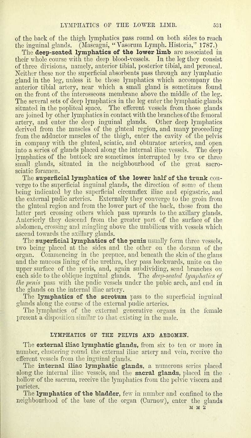 of the back of the thigh lymphatics pass round on both sides to reach the inguinal glands. (Mascagni, “ Vasorum Lymph. Historia,” 1787.) The deep-seated lymphatics of the lower Limb are associated in their whole course with the deep blood-vessels. In the leg they consist of three divisions, namely, anterior tibial, posterior tibial, and peroneal. Neither these nor the superficial absorbents pass through any lymphatic gland in the leg, unless it be those lymphatics which accompany the anterior tibial artery, near which a small gland is sometimes found on the front of the interosseous membrane above the middle of the leg. The several sets of deep lymphatics in the leg enter the lymphatic glands situated in the popliteal space. The efferent vessels from those glands are joined by other lymphatics in contact with the branches of the femoral artery, and enter the deep inguinal glands. Other deep lymphatics derived from the muscles of the gluteal region, and many proceeding from the adductor muscles of the thigh, enter the cavity of the pelvis in company with the gluteal, sciatic, and obturator arteries, and open into a series of glands placed along the internal iliac vessels. The deep lymphatics of the buttock are sometimes interrupted by two or three small glands, situated in the neighbourhood of the great sacro- sciatic foramen. The superficial lymphatics of the lower half of the trunk con- verge to the superficial inguinal glands, the direction of some of them being indicated by the superficial circumflex iliac and epigastric, and the external pudic arteries. Externally they converge to the groin from the gluteal region and from the lower part of the back, those from the latter part crossing others which pass upwards to the axillary glands. Anteriorly they descend from the greater part of the surface of the abdomen, crossing and mingling above the umbilicus with vessels which ascend towards the axillary glands. The superficial lymphatics of the penis usually form three vessels, two being placed at the sides and the other on the dorsum of the organ. Commencing in the prepuce, and beneath the skin of the glaus and the mucous lining of the urethra, they pass backwards, unite on the upper surface of the penis, and, again subdividing, send branches on each side to the oblique inguinal glands. The deep-seated lymphatics of the penis pass with the pudic vessels under the pubic arch, and end in the glands on the internal iliac artery. The lymphatics of the scrotum pass to the superficial inguinal glands along the course of the external pudic arteries. The lymphatics of the external generative organs in the female present a disposition similar to that existing in the male. LYMPHATICS OF THE PELVIS AND ABDOMEN. The external iliac lymphatic glands, from six to ten or more in number, clustering round the external iliac artery and vein, receive the efferent vessels from the inguinal glands. The internal iliac lymphatic glands, a numerous series placed along the internal iliac vessels, and the sacral glands, placed in the hollow of the sacrum, receive the lymphatics from the pelvic viscera and parietes. The lymphatics of the bladd.er, few in number and confined to the neighbourhood of the base of the organ (Curnow), enter the glands M M 2