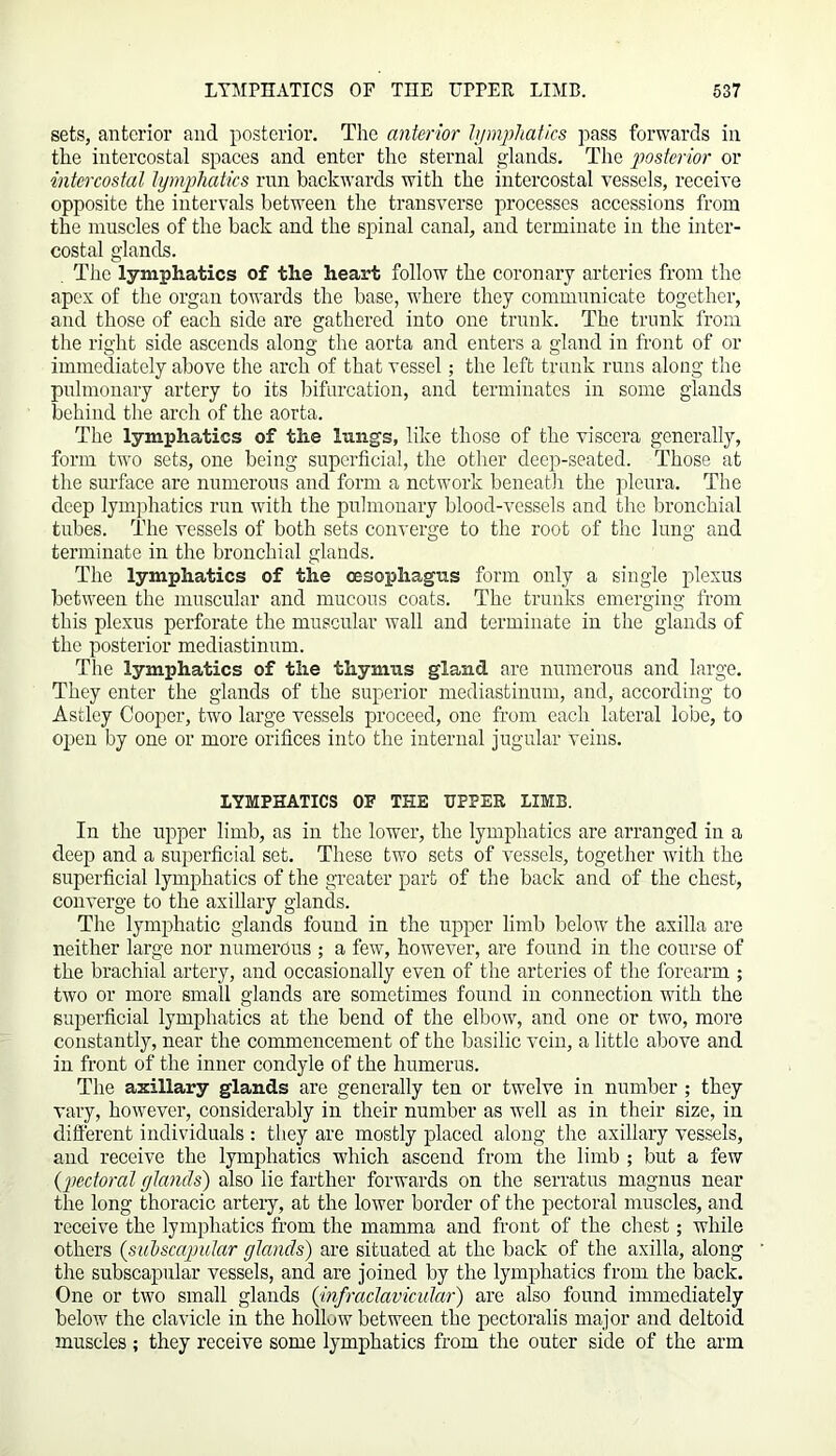 sets, anterior and posterior. The anterior lymphatics pass forwards in the intercostal spaces and enter the sternal glands. The posterior or intercostal lymphatics run backwards with the intercostal vessels, receive opposite the intervals between the transverse processes accessions from the muscles of the back and the spinal canal, and terminate in the inter- costal glands. The lymphatics of the heart follow the coronary arteries from the apex of the organ towards the base, where they communicate together, and those of each side are gathered into one trunk. The trunk from the right side ascends along the aorta and enters a gland in front of or immediately above the arch of that vessel; the left trunk runs along the pulmonary artery to its bifurcation, and terminates in some glands behind the arch of the aorta. The lymphatics of the lungs, like those of the viscera generally, form two sets, one being superficial, the other deep-seated. Those at the surface are numerous and form a network beneath the pleura. The deep lymphatics run with the pulmonary blood-vessels and the bronchial tubes. The vessels of both sets converge to the root of the lung and terminate in the bronchial glands. The lymphatics of the oesophagus form only a single plexus between the muscular and mucous coats. The trunks emerging from this plexus perforate the muscular wall and terminate in the glands of the posterior mediastinum. The lymphatics of the thymus gland are numerous and large. They enter the glands of the superior mediastinum, and, according to Astley Cooper, two large vessels proceed, one from each lateral lobe, to open by one or more orifices into the internal jugular veins. LYMPHATICS OF THE UPPER LIMB. In the upper limb, as in the lower, the lymphatics are arranged in a deep and a superficial set. These two sets of vessels, together with the superficial lymphatics of the greater part of the back and of the chest, converge to the axillary glands. The lymphatic glands found in the upper limb below the axilla are neither large nor numerous ; a few, however, are found in the course of the brachial artery, and occasionally even of the arteries of the forearm ; two or more small glands are sometimes found in connection with the superficial lymphatics at the bend of the elbow, and one or two, more constantly, near the commencement of the basilic vein, a little above and in front of the inner condyle of the humerus. The axillary glands are generally ten or twrelve in number ; they vary, however, considerably in their number as well as in their size, in different individuals : they are mostly placed along the axillary vessels, and receive the lymphatics which ascend from the limb ; but a few (pectoral (/lands) also lie farther forwards on the serratus magnus near the long thoracic artery, at the lower border of the pectoral muscles, and receive the lymphatics from the mamma and front of the chest; while others (subscapular glands) are situated at the back of the axilla, along the subscapular vessels, and are joined by the lymphatics from the back. One or two small glands (infraclavicidar) are also found immediately below the clavicle in the hollow between the pectoralis major and deltoid muscles; they receive some lymphatics from the outer side of the arm