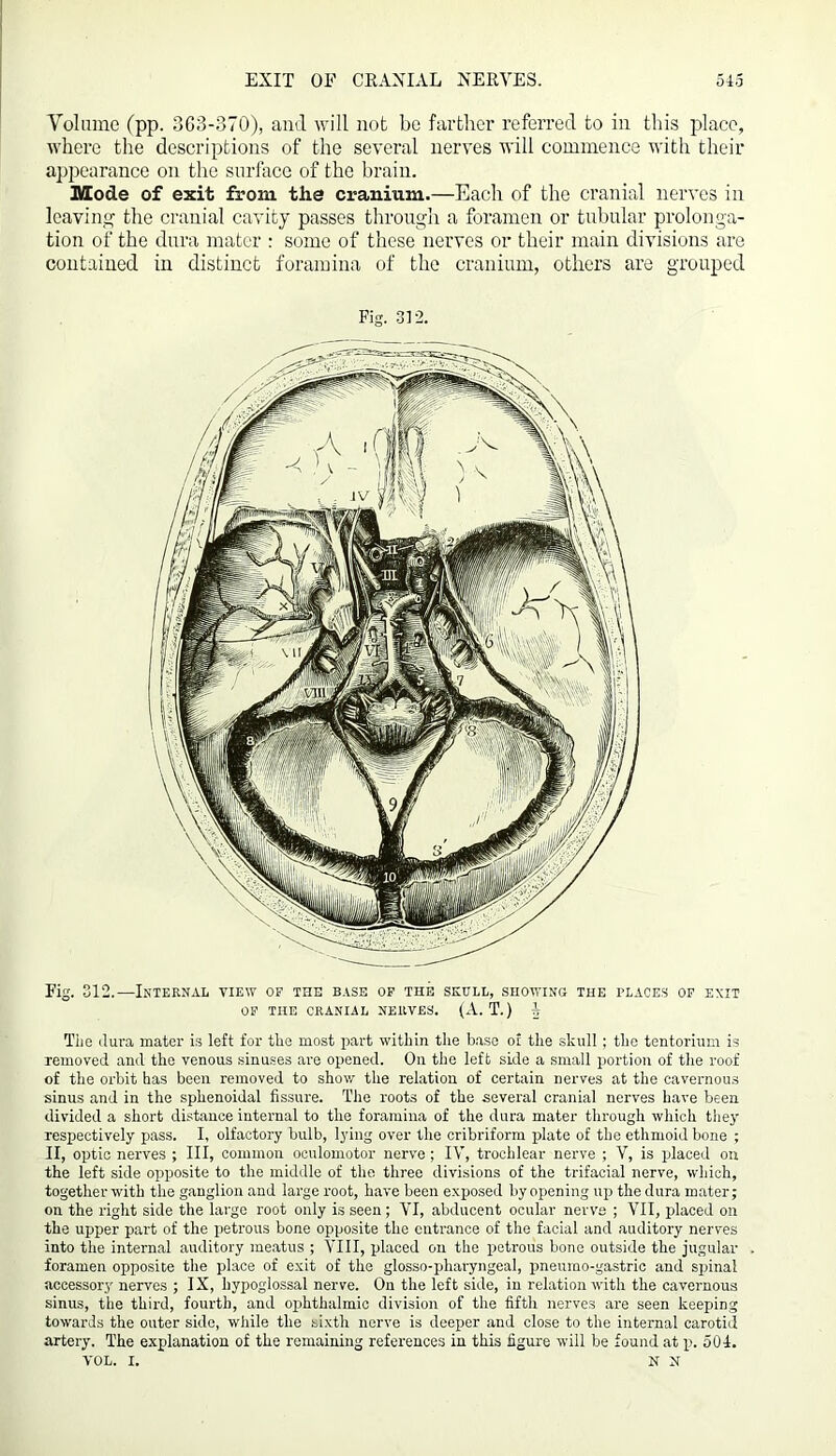 Volume (pp. 363-370), and will not be farther referred to in this place, where the descriptions of the several nerves will commence with their appearance on the surface of the brain. Mode of exit from the cranium.—Each of the cranial nerves in leaving the cranial cavity passes through a foramen or tubular prolonga- tion of the dura mater : some of these nerves or their main divisions are contained in distinct foramina of the cranium, others are grouped Eig. 312.—Internal view of the base of the skull, showing the places of exit OF THE CRANIAL NERVES. (A. T.) A The dura mater is left for the most part within the base of the skull; the tentorium is removed and the venous sinuses] are opened. On the left side a small portion of the roof of the orbit has been removed to show the relation of certain nerves at the cavernous sinus and in the sphenoidal fissure. The roots of the several cranial nerves have been divided a short distance internal to the foramina of the dura mater through which they respectively pass. I, olfactory bulb, lying over the cribriform plate of the ethmoid bone ; II, optic nerves ; III, common oculomotor nerve ; IV, trochlear nerve ; V, is placed on the left side opposite to the middle of the three divisions of the trifacial nerve, which, together with the ganglion and large root, have been exposed by opening up the dura mater; on the right side the large root only is seen ; VI, abducent ocular nerve ; VII, placed on the upper part of the petrous bone opposite the entrance of the facial and auditory nerves into the internal auditory meatus ; VIII, placed on the petrous bone outside the jugular foramen opposite the place of exit of the glosso-pharyngeal, pneumo-gastric and sp>inal accessory nerves ; IX, hypoglossal nerve. On the left side, in relation with the cavernous sinus, the third, fourth, and ophthalmic division of the fifth nerves are seen keeping towards the outer side, while the sixth nerve is deeper and close to the internal carotid artery. The explanation of the remaining references in this figure will be found at p. 504. VOL. I. N N