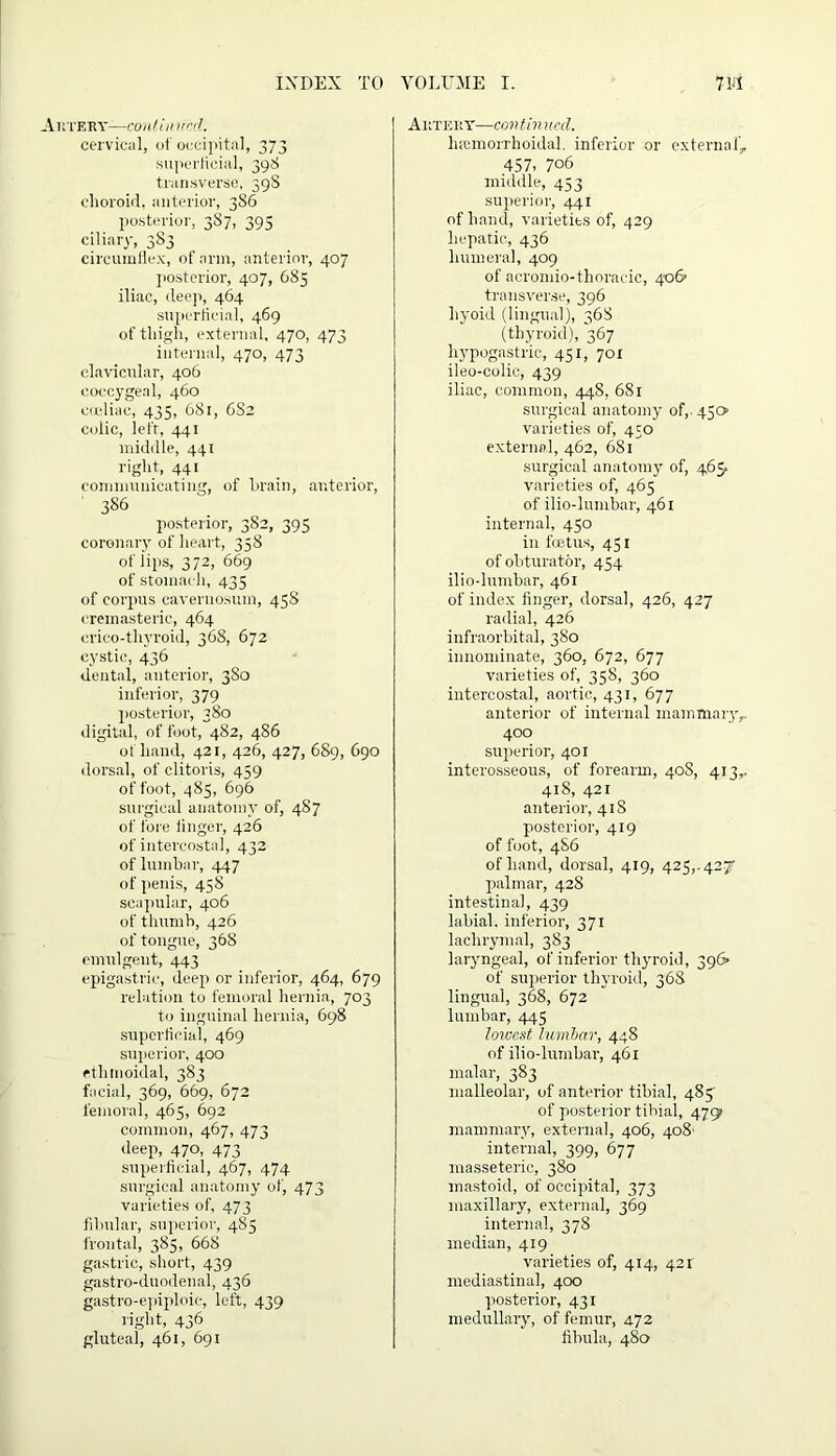 IXDEX TO Artery—coal in lied. cervical, of occipital, 373 superficial, 398 transverse, 39S choroid, anterior, 386 posterior, 38 7, 395 ciliary, 383 circumflex, of arm, anterior, 407 posterior, 407, 685 iliac, deep, 464 superficial, 469 of thigh, external, 470, 473 internal, 470, 473 clavicular, 406 coccygeal, 460 cadiac, 435, 681, 6S2 colic, left, 441 middle, 441 right, 441 communicating, of brain, anterior, 386 posterior, 3S2, 395 coronary of heart, 358 of lips, 372, 669 of stomach, 435 of corpus cavernosum, 45S cremasteric, 464 crico-thvroid, 368, 672 cystic, 436 dental, anterior, 3S0 inferior, 379 posterior, 380 digital, of foot, 482, 486 of hand, 421, 426, 427, 689, 690 dorsal, of clitoris, 459 of foot, 485, 696 surgical anatomy of, 4S7 of fore linger, 426 of intercostal, 432 of lumbar, 447 of penis, 458 scapular, 406 of thumb, 426 of tongue, 36S emulgent, 443 epigastric, deep or inferior, 464, 679 relation to femoral hernia, 703 to inguinal hernia, 698 superficial, 469 superior, 400 ethmoidal, 383 facial, 369, 669, 672 femoral, 465, 692 common, 467, 473 deep, 470, 473 superficial, 467, 474 surgical anatomy of, 473 varieties of, 473 fibular, superior, 485 frontal, 385, 668 gastric, short, 439 gastro-duodenal, 436 gastro-epiploic, left, 439 right, 436 gluteal, 461, 691 VOLUME I. 7Id Artery—continued. luemorrhoidal. inferior or external, 457, 706 middle, 453 superior, 441 of hand, varieties of, 429 hepatic., 436 humeral, 409 of acromio-thoraeic, 406' transverse, 396 hyoid (lingual), 368 (thyroid), 367 hypogastric, 451, 701 ileo-colic, 439 iliac, common, 448, 681 surgical anatomy of,. 450 varieties of, 450 external, 462, 681 surgical anatomy of, 465, varieties of, 465 of ilio-lumbar, 461 internal, 450 in feetus, 451 of obturator, 454 ilio-lumbar, 461 of index finger, dorsal, 426, 427 radial, 426 infraorbital, 380 innominate, 360, 672, 677 varieties of, 358, 360 intercostal, aortic, 431, 677 anterior of internal mammary, 400 superior, 401 interosseous, of forearm, 408, 413,. 418, 421 anterior, 418 posterior, 419 of foot, 4S6 of hand, dorsal, 419, 425,. 42.7 palmar, 428 intestinal, 439 labial, inferior, 371 lachrymal, 383 laryngeal, of inferior thyroid, 396* of superior thyroid, 36S lingual, 368, 672 lumbar, 445 lowest lumbar, 448 of ilio-lumbar, 461 malar, 383 malleolar, of anterior tibial, 485' of posterior tibial, 479 mammary, external, 406, 408- internal, 399, 677 masseteric, 380 mastoid, of occipital, 373 maxillary, external, 369 internal, 378 median, 419 varieties of, 414, 421 mediastinal, 400 posterior, 431 medullary, of femur, 472 fibula, 480