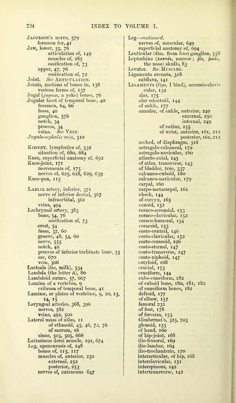 Jacobson’s nerve, 579 foramen for, 41 Jaw, lower, 55, 76 articulation of, 149 muscles of, 285 ossification of, 73 upper, 47, 76 ossification of, 72 Joint. See Articulation. Joints, motions of bones in, 138 various forms of, 137 Jugal (jugum, a yoke) bones, 76 Jugular facet of temporal bone, 40 foramen, 64, 66 fossa, 40 ganglion, 576 notch, 34 process, 34 veins. See Vein. Jugulo-ccphalic vein, 510 Kidney, lymphatics of, 532 situation of, 680, 684 Knee, superficial anatomy of, 692 Knee-joint, 171 movements of, 175 nerves of, 625, 628, 629, 639 Knee-pan, 115 Labial artery, inferior, 371 nerve of inferior dental, 567 infraorbital, 561 veins, 494 Lachrymal artery, 383 bone, 54, 76 ossification of, 73 crest, 54 fossa, 37, 60 groove, 48, 54, 60 nerve, 555 notch, 49 process of inferior turbinate bone, 55 sac, 670 vein, 506 (Lacteals (lac, milk), 534 Lambda (the letter A), 80 Lamlxloid suture, 57, 667 Lamina of a vertebra, 9 cribrosa of temporal bone, 41 Lamin?e, or plates of vertebrae, 9, 10, 13, 14. IS Laryngeal arteries, 368, 396 nerves, 582 veins, 492, 500 Lateral mass of atlas, 11 of ethmoid, 45, 46, 72, 76 of sacrum, 16 sinus, 503, 505, 668 Latissimus dorsi muscle, 191, 674 Leg, aponeurosis of, 248 bones of, 115, 117 muscles of, anterior, 250 external, 252 posterior, 253 nerves of, cutaneous 647 Leg—continued. nerves of, muscular, 649 superficial anatomy of, 694 Lenticular (dim. from lens) ganglion, 55S Leptorhine (Kcitris, narrow; pis, f>tv6s, the nose) skulls, 83 Levator. See Muscles. Ligamenta arcuata, 318 subflava, 141 Ligaments (ligo, I bind), acromio-clavi- cular, 152 alar, 175 alar odontoid, 144 of ankle, 177 annular, of ankle, anterior, 249 external, 250 internal, 249 of radius, 155 of wrist, anterior, 161, 212 posterior, 161,212 arched, of diaphragm, 318 astragalo-calcaneal, 179 astragalo-navicular, 180 atlanto-axial, 145 of atlas, transverse, 143 of bladder, true, 337 calcaneo-cuboid, 180 calcaneo-navicular, 179 carpal, 160 carpo-metacarpal, 161 check, 144 of coccyx, 165 conoid, 152 coraco-acromial, 153 coraco-clavicular, 152 coraco-humeral, 154 coracoid, 153 costo-central, 146 costo-clavieular, 152 costo-cora.coid, 196 costo-sternal, 147 eosto-transverse, 147 costo-xiphoid, 147 cotyloid, 168 crucial, 173 cruciform, 144 cubo-cuneiform, 182 of cuboid bone, 180, 181, 182 of cuneiform bones, 182 deltoid, 177 of elbow, 157 femoral 232 of foot, 178 of forearm, 155 Gimbernat’s, 325, 703 glenoid, 155 of hand, 160 of liip-joint, 168 ilio-femoral, 169 ilio-lumbar, 164 ilio-troclianteric, 170 interarticular, of hip, 16S interelavicular, 151 interspinous, 142 intertransverse, 142