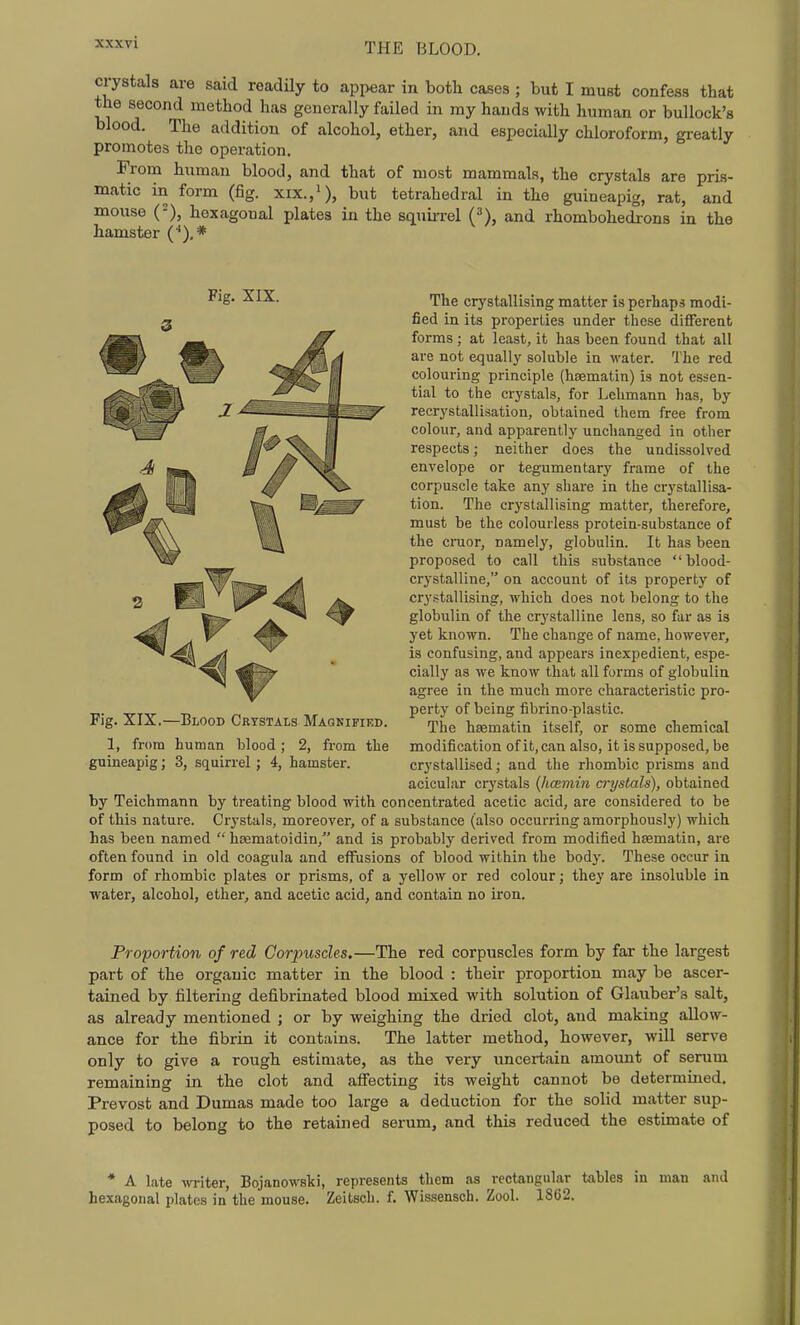crystals are said readUy to appear in both cases ; but I must confess that the second method has generally failed in my hands with human or bullock's blood. The addition of alcohol, ether, and especially chloroform, greatly promotes the operation. From human blood, and that of most mammals, the crystals are pris- matic in form (fig. xix.,^), but tetrahedral in the guineapig, rat, and mouse {-), hexagonal plates in the squii-rel (^), and rhombohedrons in the hamster (■*).* Fig. XIX. The crystallising matter is perhaps modi- fied in its properties under these diflferent forms; at least, it has been found that all are not equally soluble in water. The red colouring principle (hsematin) is not essen- tial to the crystals, for Lehmann has, by recrystallisation, obtained them free from colour, and apparently unchanged in otlier respects; neither does the undissolved envelope or tegumentary frame of the corpuscle take any share in the crystallisa- tion. The crystallising matter, therefore, must be the colourless protein-substance of the cruor, namely, globulin. It has been proposed to call this substance blood- crystalline, on account of its property of crystallising, which does not belong to the globulin of the crystalline lens, so far as is yet known. The change of name, however, is confusing, and appears inexpedient, espe- cially as we know that all forms of globulin agree in the much more characteristic pro- perty of being fibrino-plastic. The haematin itself, or some chemical modification of it, can also, it is supposed, be crystallised; and the rhombic prisms and acicular crystals {hcemin a-ystals), obtained by Teichmann by treating blood with concentrated acetic acid, are considered to be of this nature. Crystals, moreover, of a substance (also occurring amorphously) which has been named  heematoidin, and is probably derived from modified hsematin, are often found in old coagula and effusions of blood within the bodj-. These occur in form of rhombic plates or prisms, of a yellow or red colour; they are insoluble in water, alcohol, ether, and acetic acid, and contain no iron. Fig. XIX.—Blood Crystals Magnified. 1, from human blood; 2, from the guineapig; 3, squirrel ; 4, hamster. Proportion of red Corpuscles.—The red corpuscles form by far the largest part of the organic matter in the blood : their proportion may be ascer- tained by filtering defibrinated blood mixed with solution of Glauber's salt, as already mentioned ; or by weighing the dried clot, and making allow- ance for the fibrin it contains. The latter method, however, will serve only to give a rough estimate, as the very uncertain amount of serum remaining in the clot and afiectiug its weight cannot be determined. Prevost and Dumas made too large a deduction for the solid matter sup- posed to belong to the retained serum, and this reduced the estimate of * A late ^vriter, Bojanowski, represents them as rectangular tables in man and hexagonal plates in the mouse. Zeitsch. f. Wissensch. Zool. 1862.