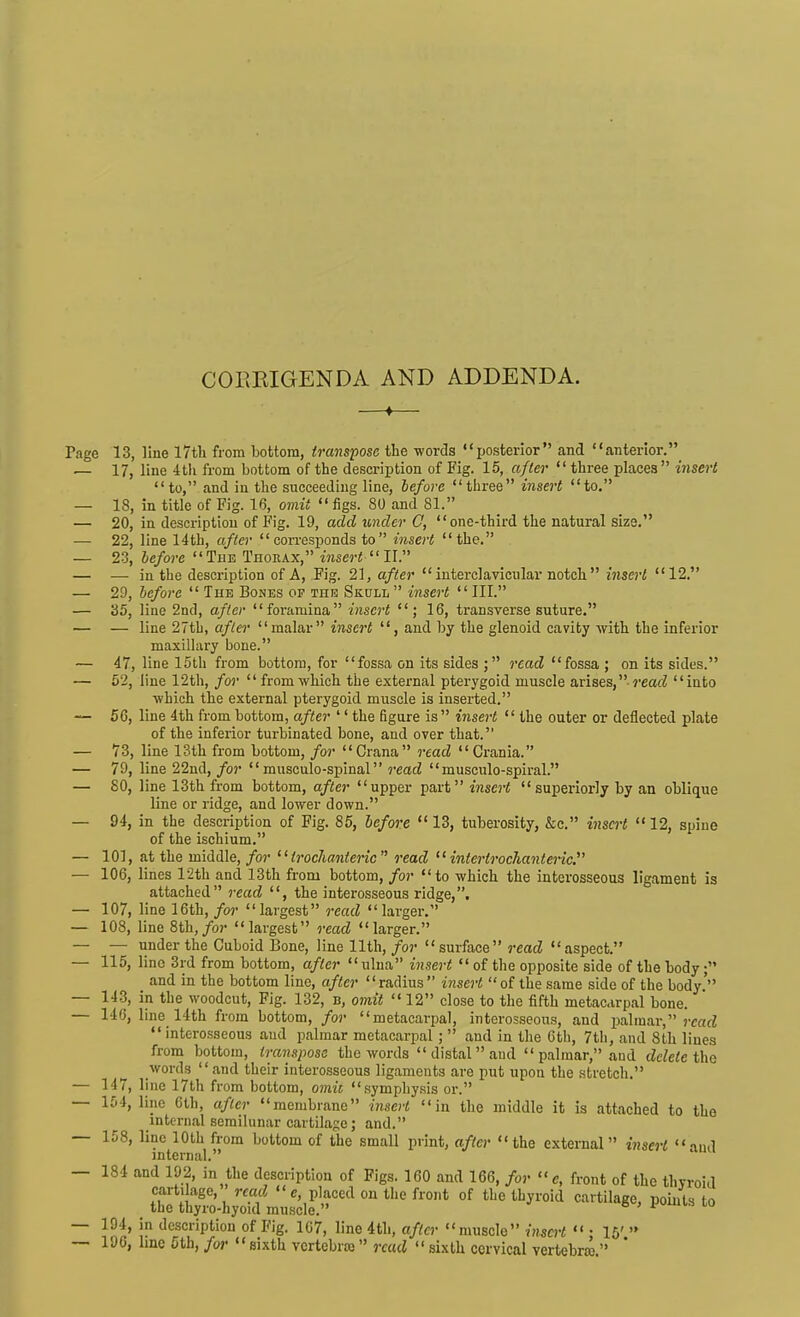 COimiGENDA AND ADDENDA. Page 13, line 17th from bottom, transpose the words posterior and anterior.^ — 17, line 4th from bottom of the description of Fig. 15, after  three places insert to, and in the succeeding line, before three insert to. — 18, in title of Fig. 16, omit  figs. 80 and 81. — 20, in description of Fig. 19, add under 0, one-third the natural size, — 22, line 14th, after corresponds to insert the. — 23, before The Thorax, insert 11. — — in the description of A, Fig. 21, after interclavicular notch insert 12. — 29, before  The Bones of the Skull insert III. — 35, line 2nd, after foramina insert ; 16, transverse suture. — — line 27th, after malar insert , and by the glenoid cavity Avith the inferior maxillary bone. — 47, line 15th from bottom, for fossa on its sides read fossa ; on its sides. — 62, line 12th, for  from which the external pterygoid muscle arises,■ I'eacZ into which the external pterygoid muscle is inserted. — 56, line 4th from bottom, after '' the figure is insert  the outer or deflected plate of the inferior turbinated bone, and over that. — 73, line 13th from bottom, for Crana read Crania. — 79, line 22nd, for musculo-spinal read musculo-spiral. — 80, line 13th from bottom, after upper part insert supei-iorly by an oblique line or ridge, and lower down. — 94, in the description of Fig. 85, before  13, tuberosity, &c. insert  12, spine of the ischium. — 101, at the middle, for ^Hrochanteric read intertrochanteric. — 106, lines 12th and 13th from bottom, for to which the interosseous ligament is attached read , the interosseous ridge,. — 107, line 16th, /or largest read larger. — 108, line 8th, for largest read larger. — — under the Cuboid Bone, lino 11th, for  surface read aspect. — 115, line 3rd from bottom, after ulna insert  of the opposite side of the body and in the bottom lino, after radius insert of the same side of the body.' — 143, in the woodcut. Fig. 132, b, omit 12 close to the fifth metacarpal bone. — 146, line_ 14th from bottom, for metacarpal, interosseous, and palmar, j-carf  interosseous and palmar metacarpal;  and in the Gtli, 7th, and 8th lines from bottom, transpose the words  distal and  palmar, and delete the words and their interosseous ligaments are put upon the stretch, — 147, line 17th from bottom, omit sympliy.sis or. — 154, line 6th, after membrane insert in the middle it is attached to the internal semilunar cartilage; and. — 158, line 10th from bottom of the small print, after the external insert md jnternal. — 184 and 192, in the description of Pigs. 160 and 166, for  c, front of the thyroid cartilage, rmrf  e, placed on the front of the thyroid cartilage, points to the thyro-hyoid muscle. 16'. vertebras. 194, in description of Fig. 167, line 4th, after muscle insert  196, line 6th, for sixth vertebra) read  sixth cervical vertebra