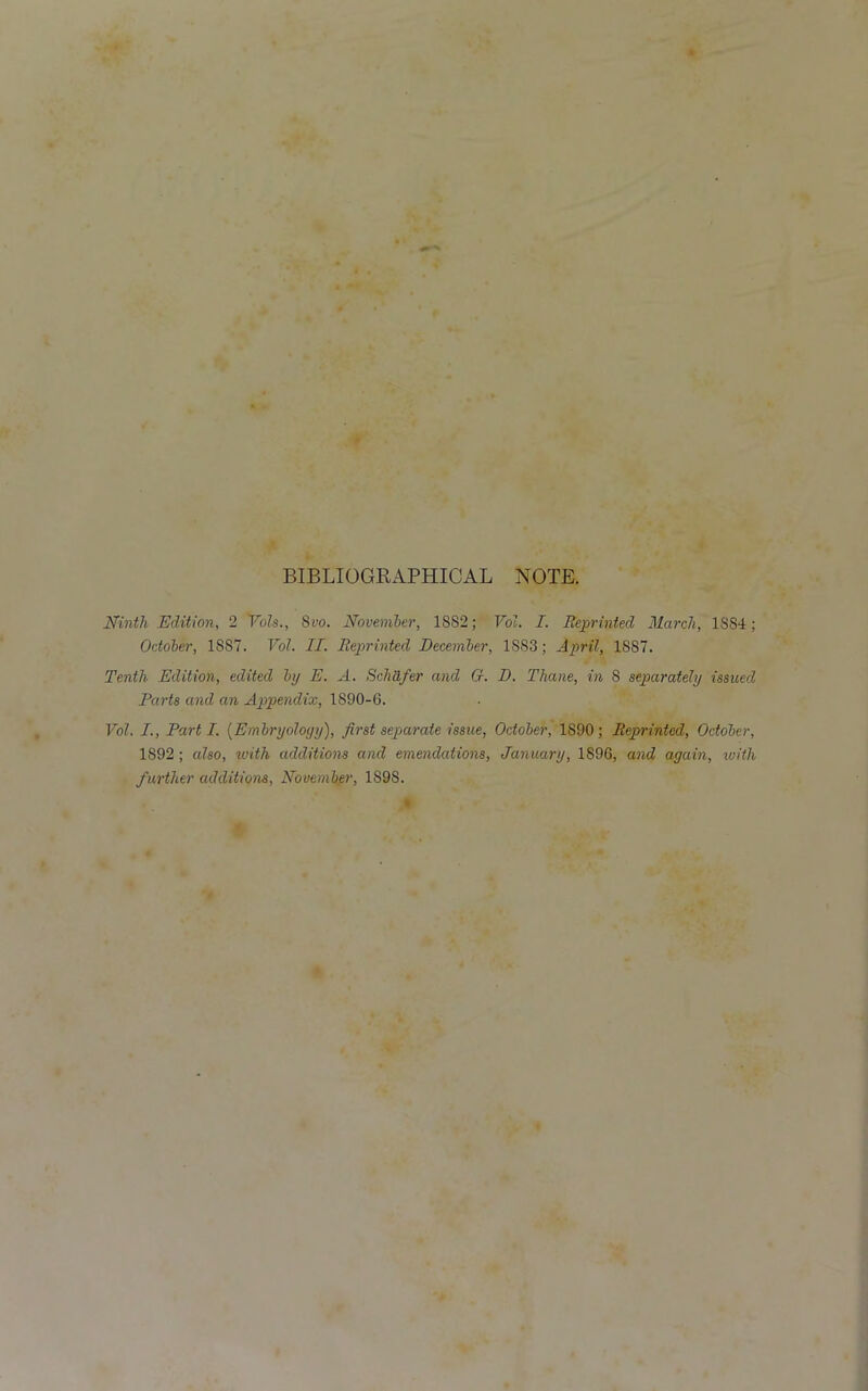 BIBLIOGRAPHICAL NOTE. Ninth Edition, 2 Vols., 8 vo. November, 18S2; Vol. I. Reprinted March, 1SS4; October, 1S87. Vol. II. Reprinted December, 1883; April, 1887. Tenth Edition, edited by E. A. Schafer and Cr. D. Thane, in 8 separately issued Parts and an Appendix, 1890-6. Vol. I., Parti. (Embryology), first separate issue, October, 1S90; Reprinted, October, 1892; also, with additions and emendations, January, 1896, and again, with further additions, November, 189S.