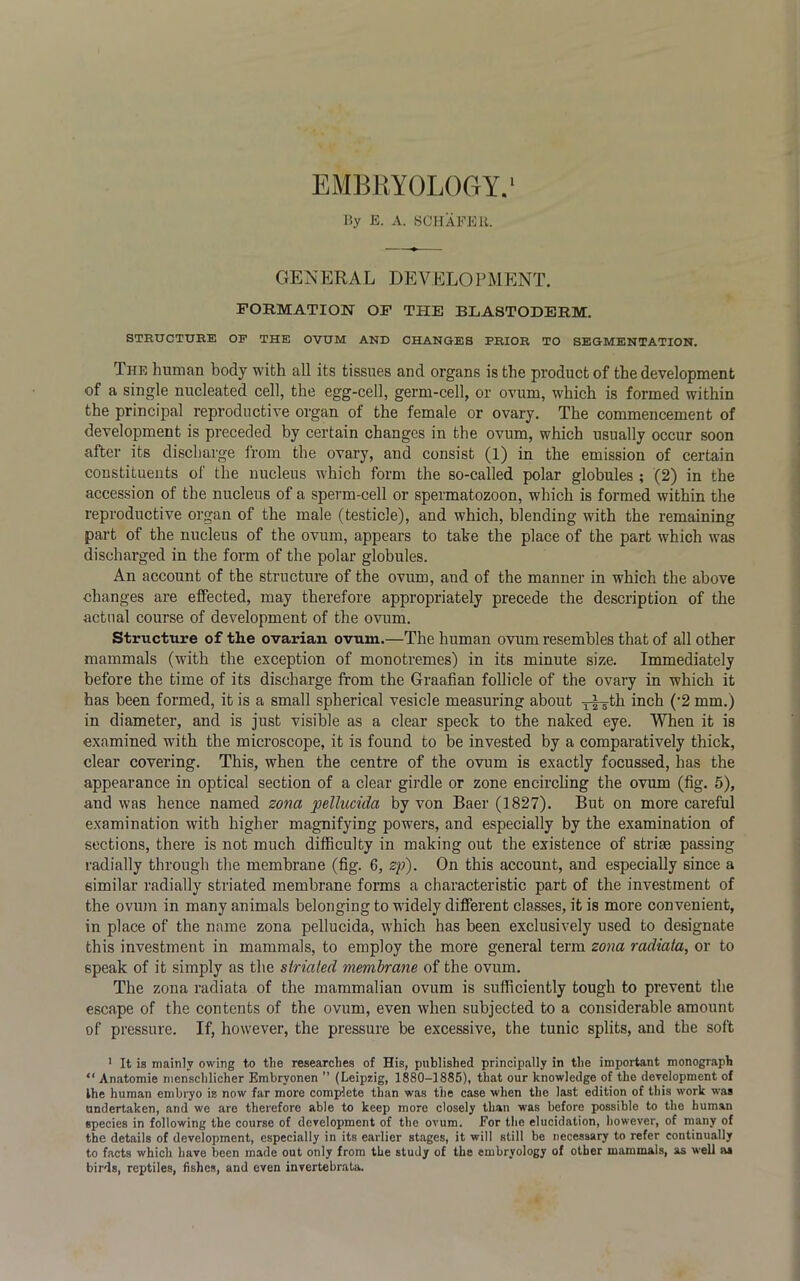 EMBRYOLOGY.1 By E. A. SCHAFER. GENERAL DEV ELOPMENT. FORMATION OF THE BLASTODERM. STRUCTURE OF THE OVUM AND CHANGES PRIOR TO SEGMENTATION. The human body with all its tissues and organs is the product of the development of a single nucleated cell, the egg-cell, germ-cell, or ovum, which is formed within the principal reproductive organ of the female or ovary. The commencement of development is preceded by certain changes in the ovum, which usually occur soon after its discharge from the ovary, and consist (1) in the emission of certain constituents of the nucleus which form the so-called polar globules ; (2) in the accession of the nucleus of a sperm-cell or spermatozoon, which is formed within the reproductive organ of the male (testicle), and which, blending with the remaining part of the nucleus of the ovum, appears to take the place of the part which was discharged in the form of the polar globules. An account of the structure of the ovum, and of the manner in which the above changes are effected, may therefore appropriately precede the description of the actual course of development of the ovum. Structure of the ovarian ovum.—The human ovum resembles that of all other mammals (with the exception of monotremes) in its minute size. Immediately before the time of its discharge from the Graafian follicle of the ovary in which it has been formed, it is a small spherical vesicle measuring about i^th inch (-2 mm.) in diameter, and is just visible as a clear speck to the naked eye. When it is examined with the microscope, it is found to be invested by a comparatively thick, clear covering. This, when the centre of the ovum is exactly focussed, has the appearance in optical section of a clear girdle or zone encircling the ovum (fig. 5), and was hence named zona pellucida by von Baer (1827). But on more careful examination with higher magnifying powers, and especially by the examination of sections, there is not much difficulty in making out the existence of striae passing radially through the membrane (fig. 6, zp). On this account, and especially since a similar radially striated membrane forms a characteristic part of the investment of the ovum in many animals belonging to widely different classes, it is more convenient, in place of the name zona pellucida, which has been exclusively used to designate this investment in mammals, to employ the more general term zona radiata, or to 6peak of it simply as the striated membrane of the ovum. The zona radiata of the mammalian ovum is sufficiently tough to prevent the escape of the contents of the ovum, even when subjected to a considerable amount of pressure. If, however, the pressure be excessive, the tunic splits, and the soft 1 It is mainly owing to tlie researches of His, published principally in the important monograph “ Anatomie menschlicher Embryonen ” (Leipzig, 1880-1885), that our knowledge of the development of Ihe human embryo is now far more complete than was the case when the last edition of this work was undertaken, and we are therefore able to keep more closely than was before possible to the human species in following the course of development of the ovum. For the elucidation, however, of many of the details of development, especially in its earlier Btages, it will still be necessary to refer continually to facts which have been made out only from the study of the embryology of other mammals, as well as birds, reptiles, fishes, and even invertebrata.